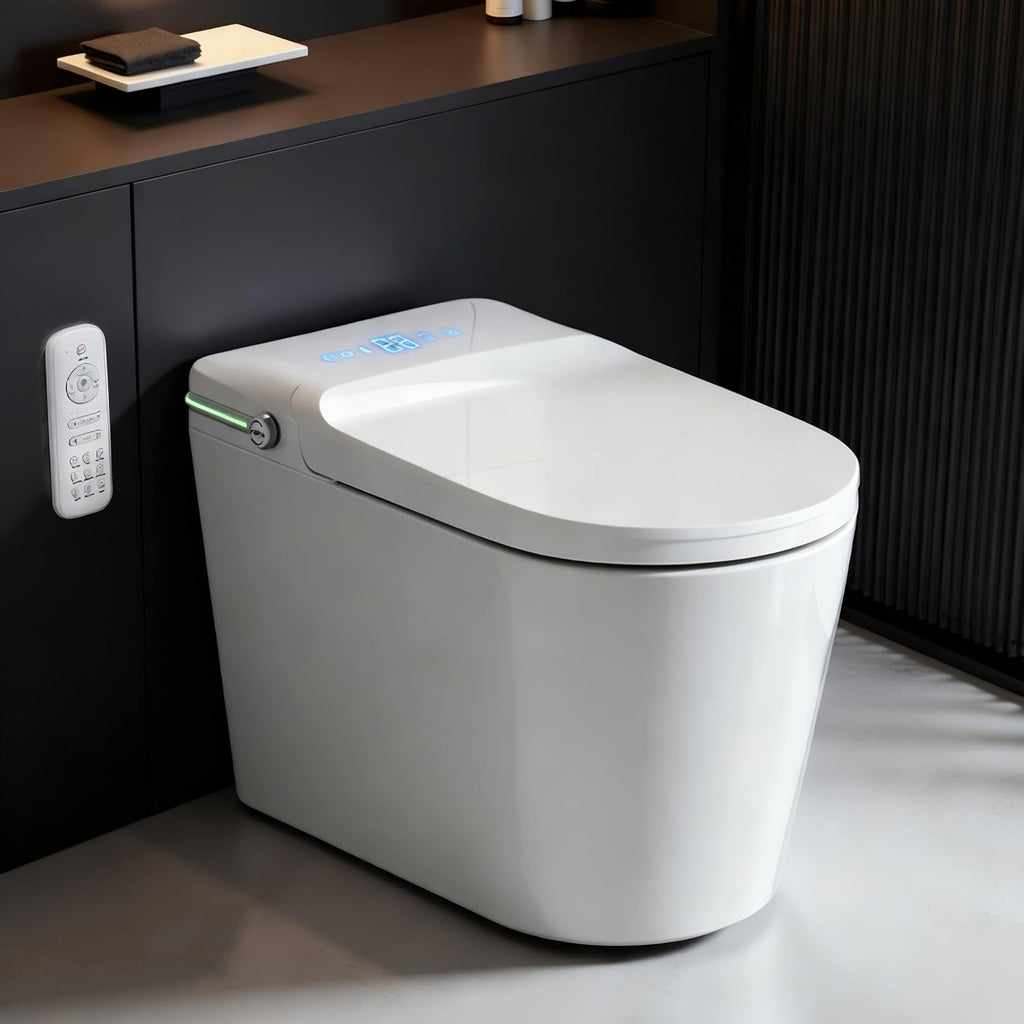 TDH Smart Toilet,One Piece Bidet Toilet for Bathroom,Toilet with Fahrenheit LED Display,Aromatherapy Tablet,Foot Sensor Operation & Auto Flush,Warm Water & Dry Function,Round Bidet Toilet Seat