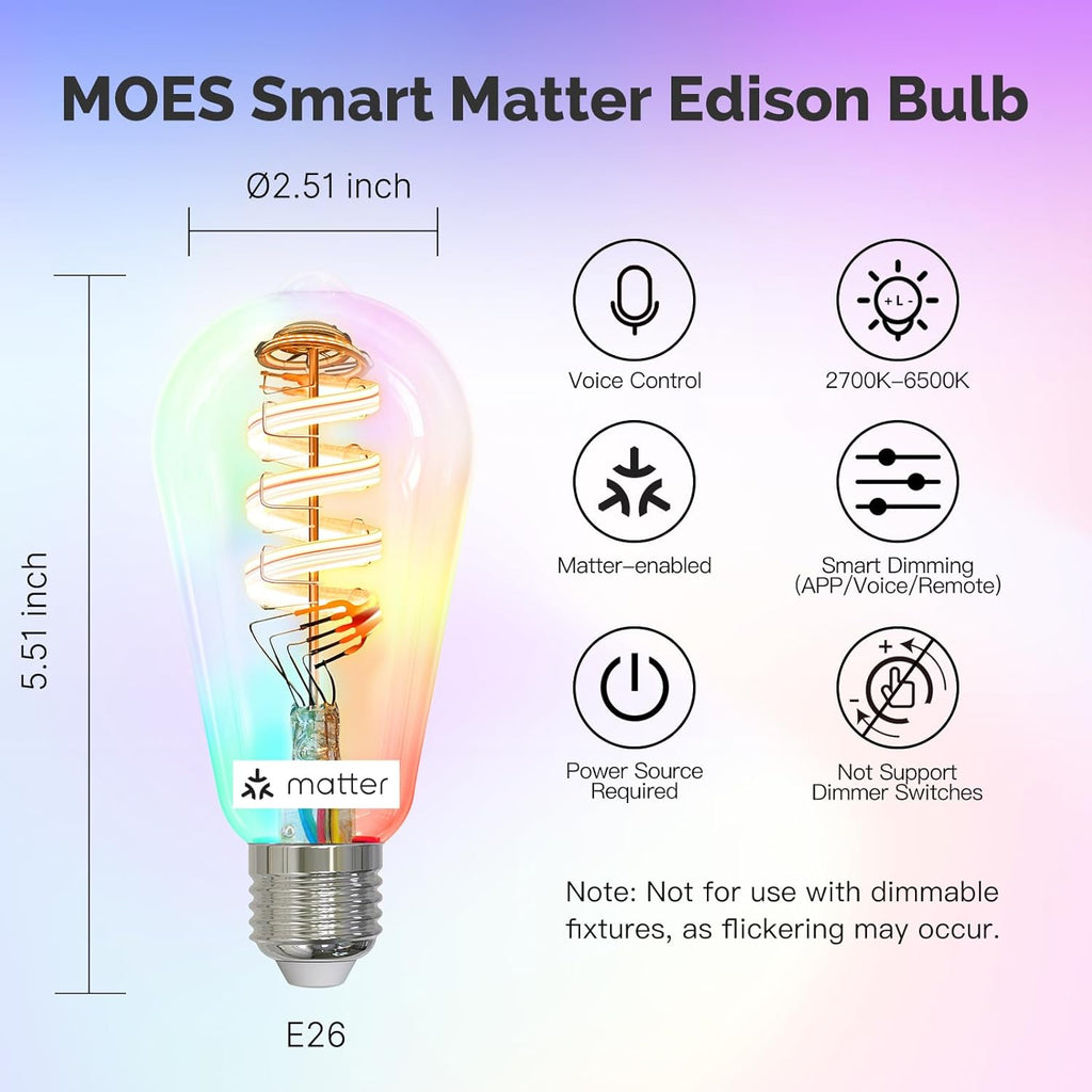 MOES Matter WiFi ST64 Edison Smart Bulbs, Color Changing Light Bulb, 16 Million RGB Colors & Tunable White, Works with Apple Home, Alexa, Google Home, E26 Dimmable 5W (40W Equivalent), 2-Pack