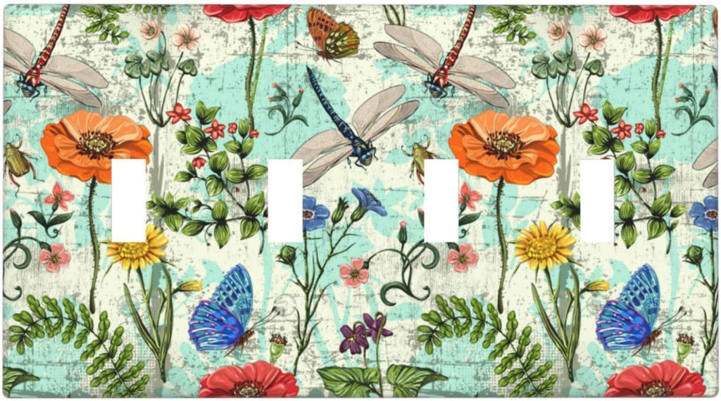 Dragonflies Flowers Butterfly 4 Gang Quad Toggle Outlet Light Switch Cover Decorative Wall Plate Cover For Home Living Bedroom Kitchen Decorative