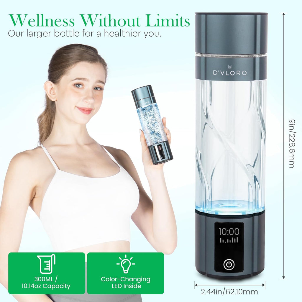 D’VLORO Hydrogen Bottle – Portable 10 OZ H₂ Infuser Hydrogen-Water-Bottle with UV Light – Electric Water Bottle 7.83Hz Tech, Wireless Charging Pad, 5-10 Min Cycles, Up to 4000+ PPB Concentration