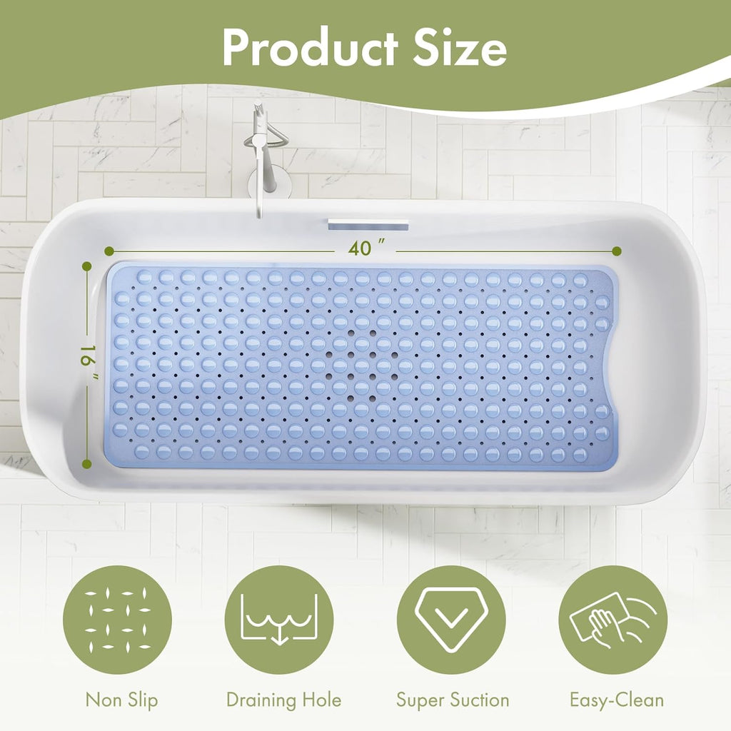AmazerBath Shower Mat Non Slip 40 x 16 Inches, Shower Stall Mats with Suction Cups and Drain Holes, Non Slip Bath Mat for Tub for Elderly & Kids, Baby Blue