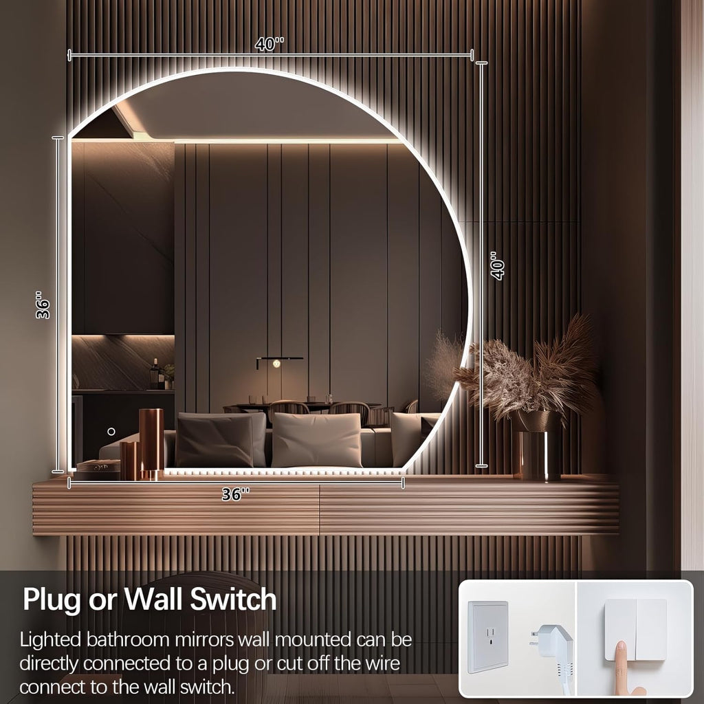 Niccy Half Moon LED Mirror for Bathroom, 28" Backlit + Front Lit Lighted Semi Round Makeup Mirrors for Wall, Anti-Fog, Dimmable 3-Colors, Memory Function, Shatterproof Smart Vanity Mirror