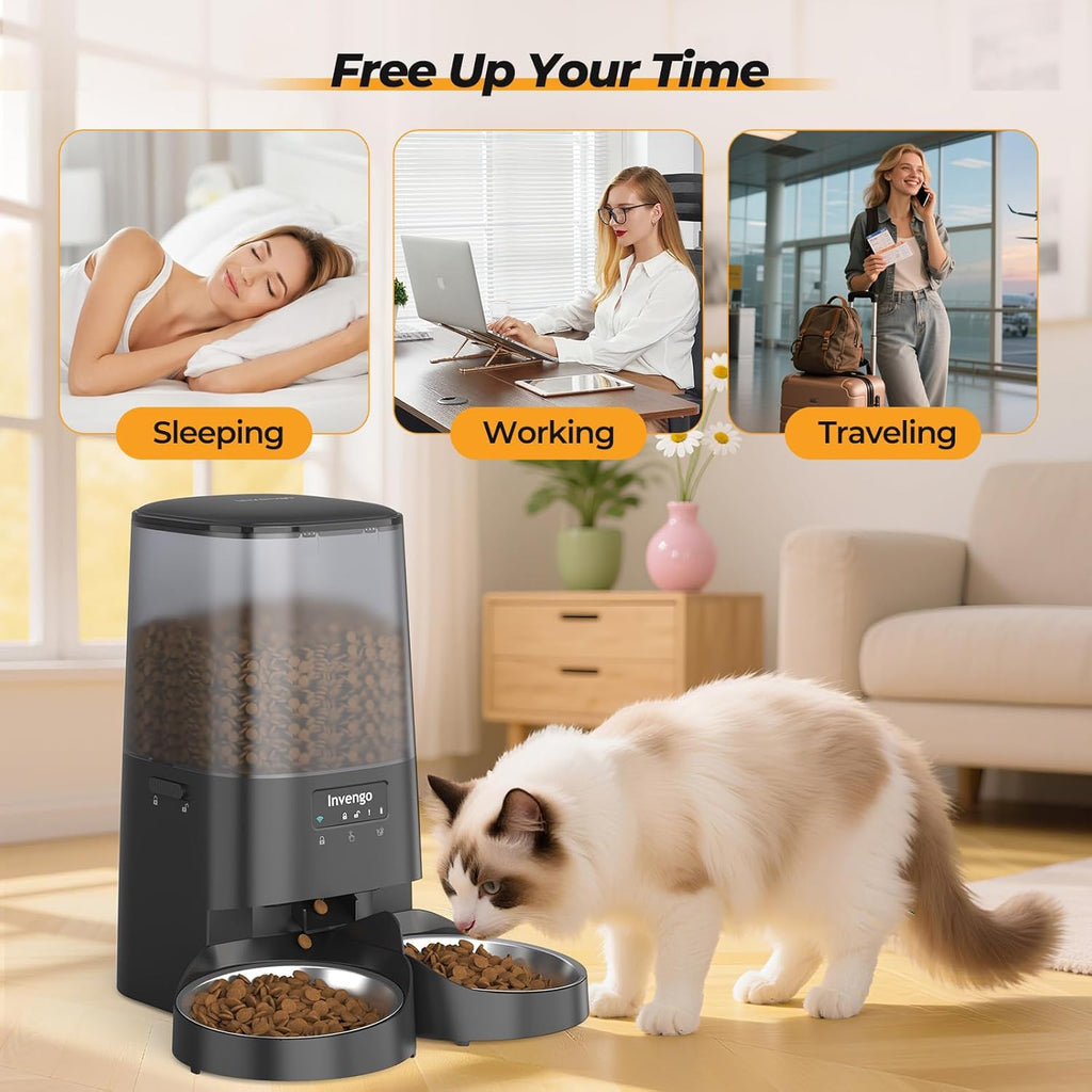 Automatic Cat Feeder with App Control, 5L Food Dispenser for 2 Cats, 2.4/5G WiFi, Dual Power, Programmable Portions, Anti-Jam & Fresh-Lock, Stainless Steel Bowls, Easy to Clean
