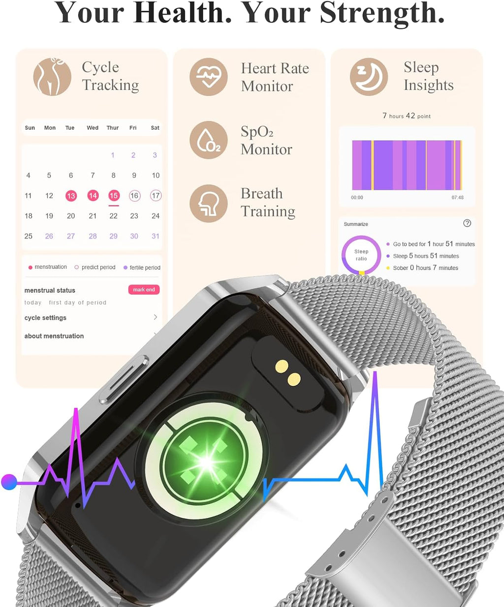 Fitness Tracker Watch for Women Men, Step Counter Compatible with iPhone Android, IP68 Waterproof Activity Tracker with Sleep Monitor, 110+ Sports (Classic, Silver, 1.57)