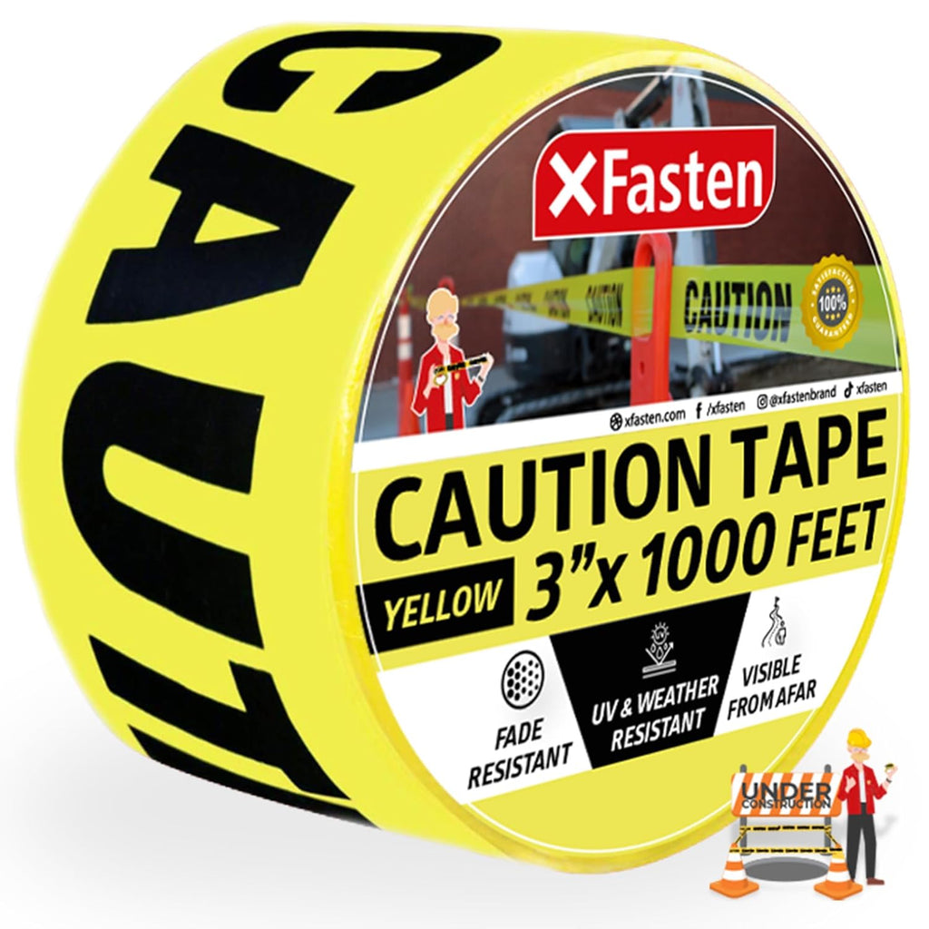 XFasten Yellow Caution Tape Roll, 3 in x 1000 ft, Thick and Durable Yellow Safety Tape for Barricades, Construction, Warning, and Hazard Areas – Easy to Loop, Weatherproof, and Fading-Resistant