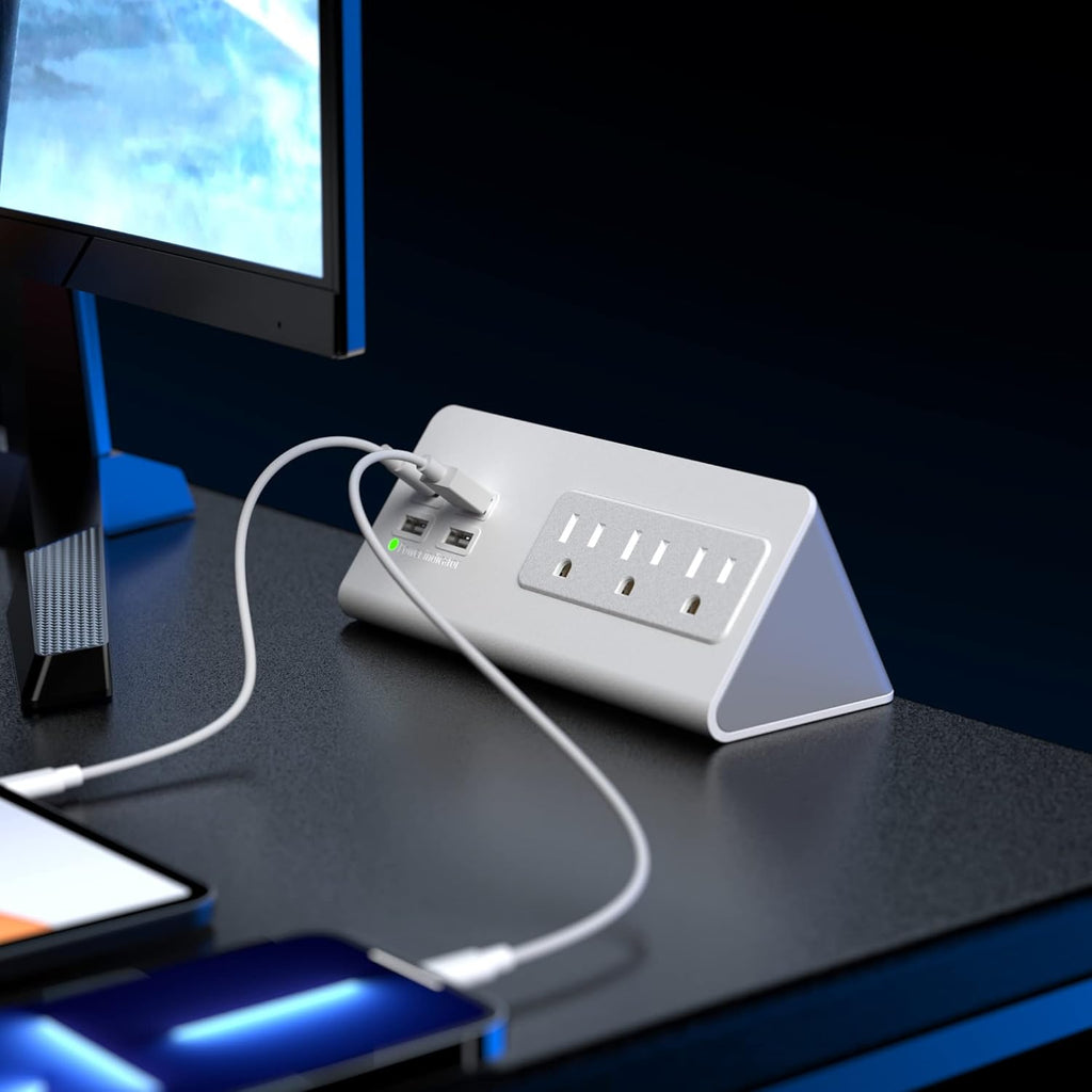 Power Charge Station Edge clamp Mount with USB-C Ports，Tabletop Surge Protector, Desk Clamp Power Sockets with 3 AC Outlets and 4 Fast Charging USB Ports for Home Office Hotel and Dormitory (White)