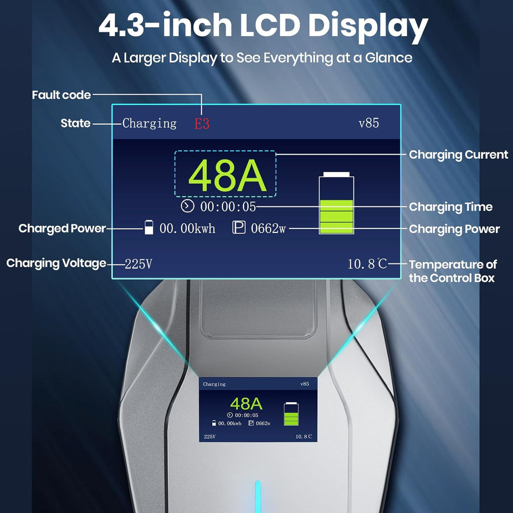 Level 2 EV Charger, 240V 48Amp EV Charger Level 2 for Home with Hardwire, J1772 Connector & Tesla Adapter, 11.5KW Electric Vehicle Charging Station with Smart APP, 26FT Cable, 4.3'' LCD Display