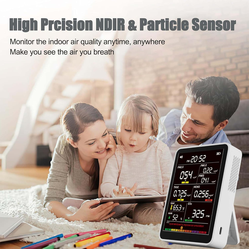 Professional Indoor Air Quality Monitor with AQI, Portable Real-Time Detector for Home Cars Plants and Pets (White)