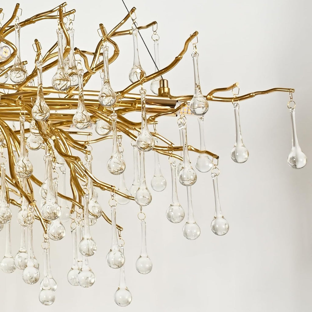Modern Crystal Rectangular Chandelier for Dining Room, 47.24inch Gold Branch Lighting Raindrop Large Kitchen Island Hanging Light Fixture for High Ceiling Living Room Bedroom Foyer