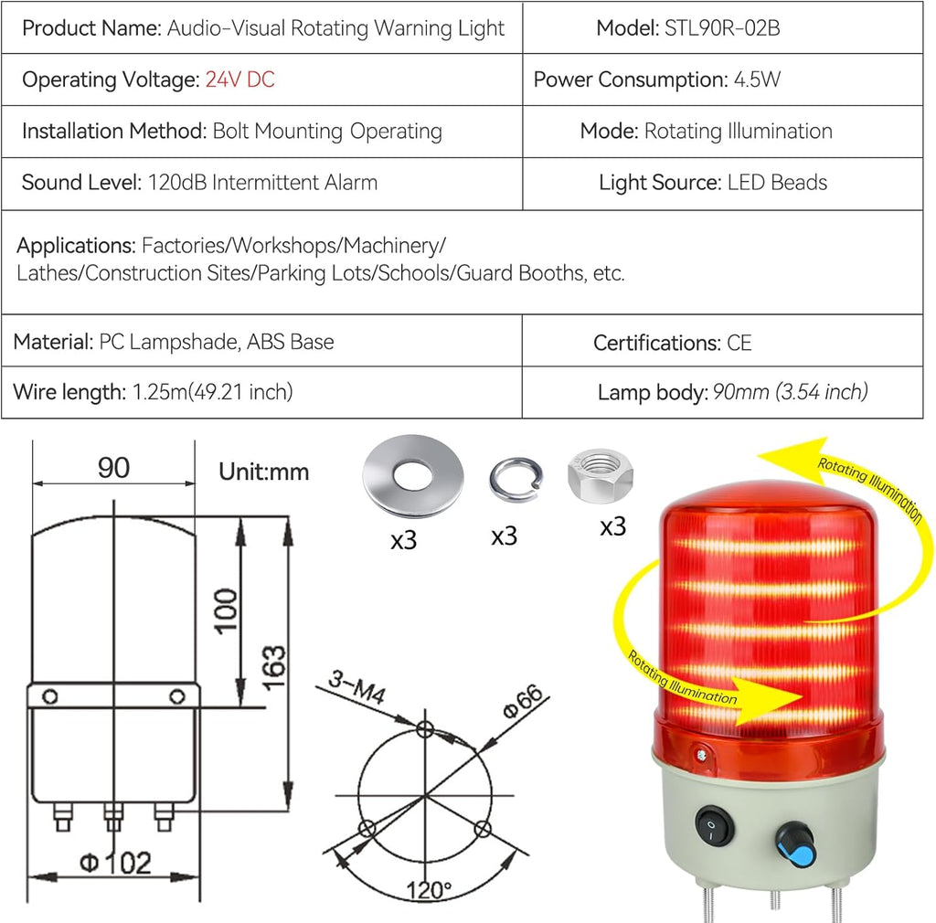 24V Industrial Rotating Warning Light LED Red Strobe Light for Emergency Alarms Safety Siren with Buzzer, Volume Control and Plug