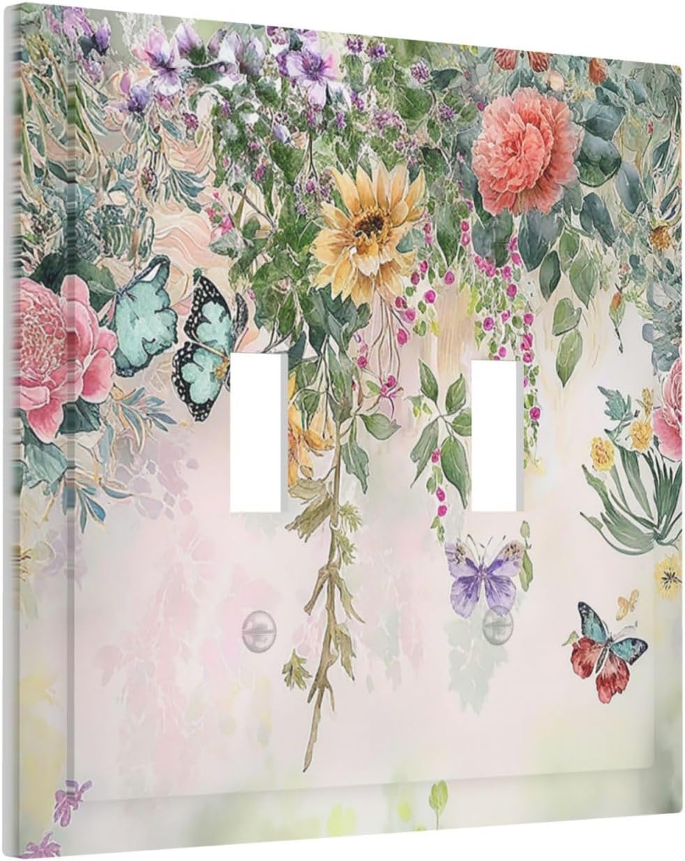 Rustic Floral Watercolor Flower Blossom Butterfly 2 Gang Double Toggle Light Switch Cover Decorative Switchplate Electrical Wall Plates Faceplate for Bathroom Bedroom Decor 4.9 X 5 IN