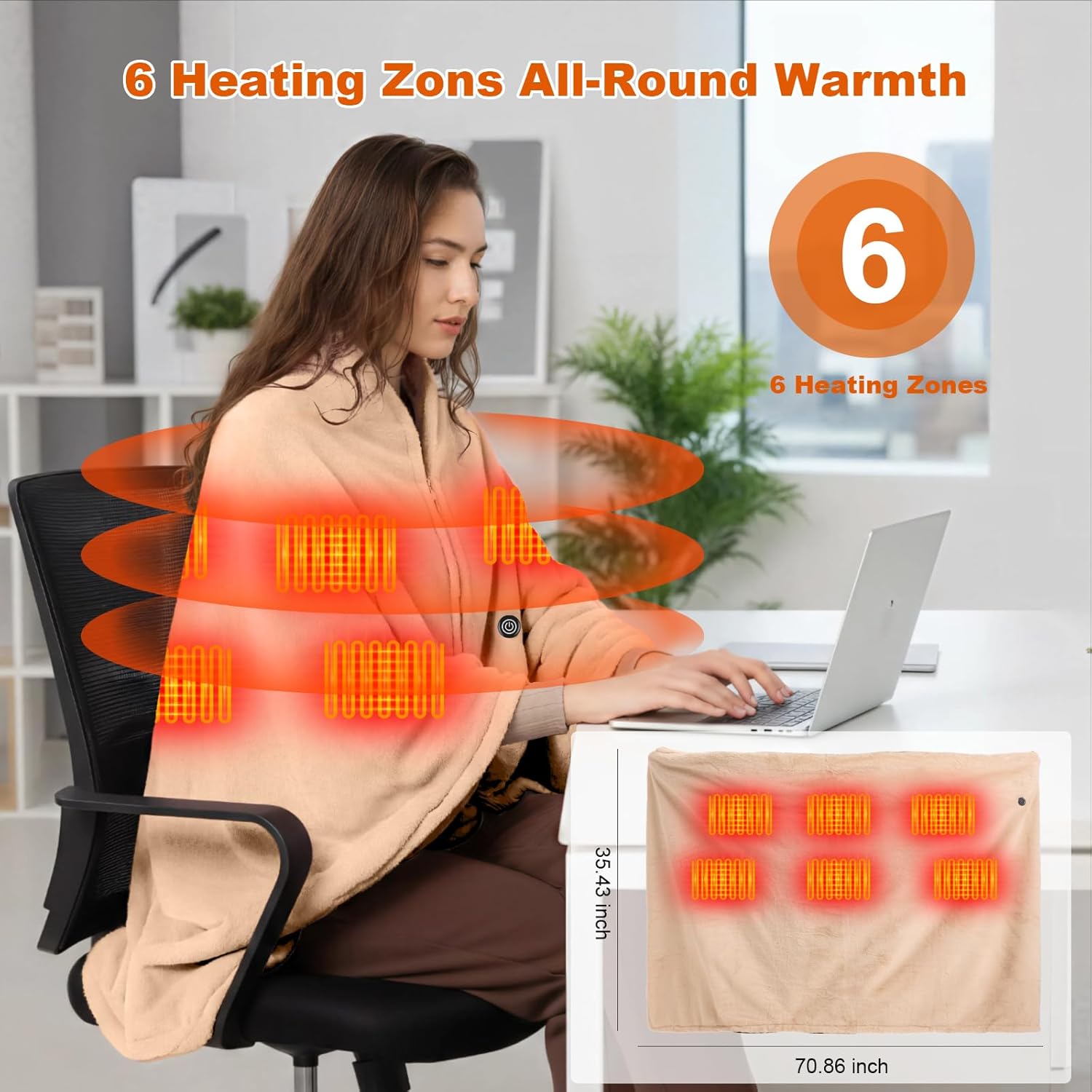 Graphene Heated Blanket Battery Operated, 20000mAh Battery 7.4V Fast Heating Blanket 70''x 35'' Portable Heated Shawl, Cordless Rechargeable Heated Shawl 3 Temperature Settings, Gift for Women (Khaki)