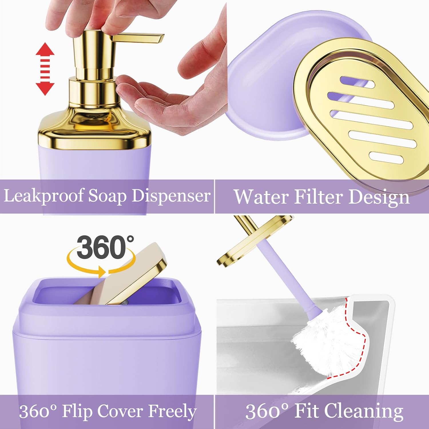 Bathroom Set - Purple and Gold Bathroom Accessories Set, Bathroom Sets with Shower Curtain and Rugs, Purple Shower Curtain Set with Bathroom Trash Can, Soap Dispenser, Soap Dish for Home Decor