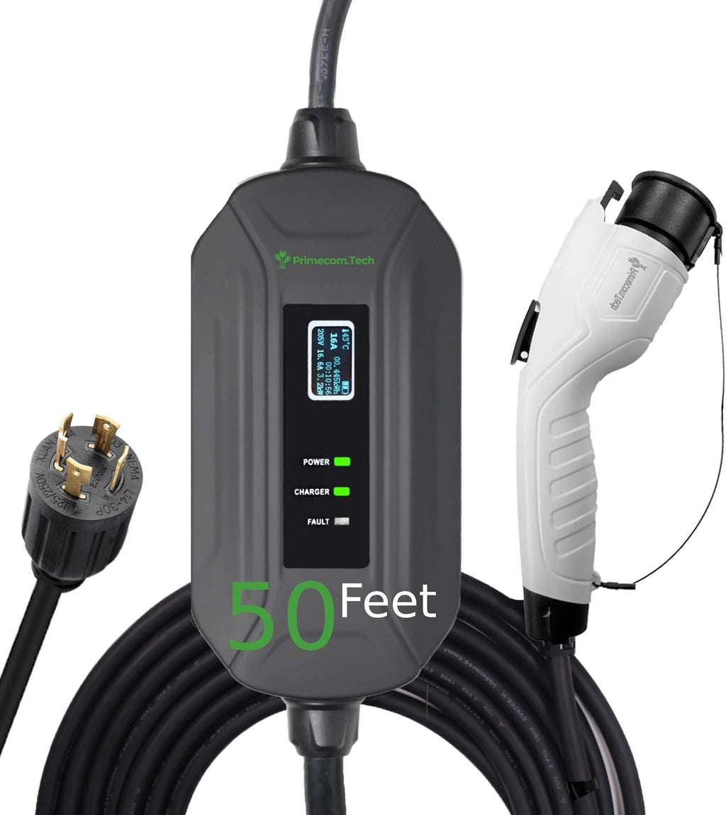 PRIMECOM Level 2 Electric Vehicle (EV) Charger (220V / 240Volt, 16Amp) Portable EVSE Smart Electric Car Charger, 30', 40', and 50 Feet Lengths (NEMA L14-30P, 50 Feet)