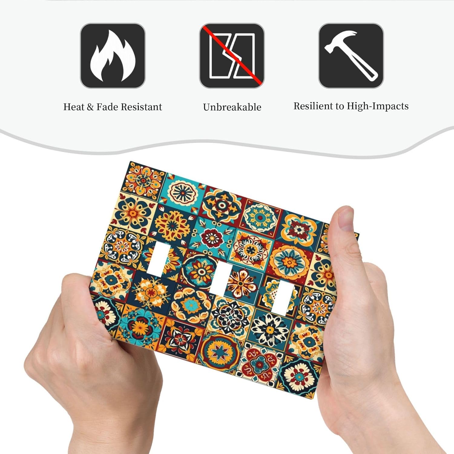 Mexican Talavera Ceramic Tile Moroccan Boho Decorative Switch Plates 3 Gang Wall Plate Triple Toggle Light Switch Cover Faceplate Electrical Wall Panels for Bathroom Kitchen Decor