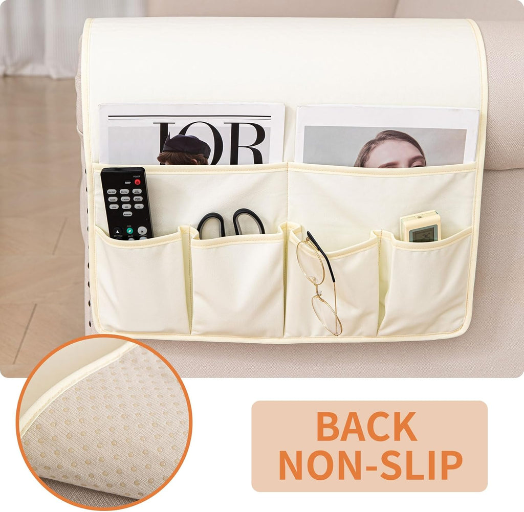 HAOMAIJIA Anti Slip Sofa Armrest Organizer Arm Chair Bedside Caddy Storage Organizer For Recliner Couch With 6 Pockets For Cell Phone Tv Remote Control (Ivory White, 31.89 inches × 18.5 inches)