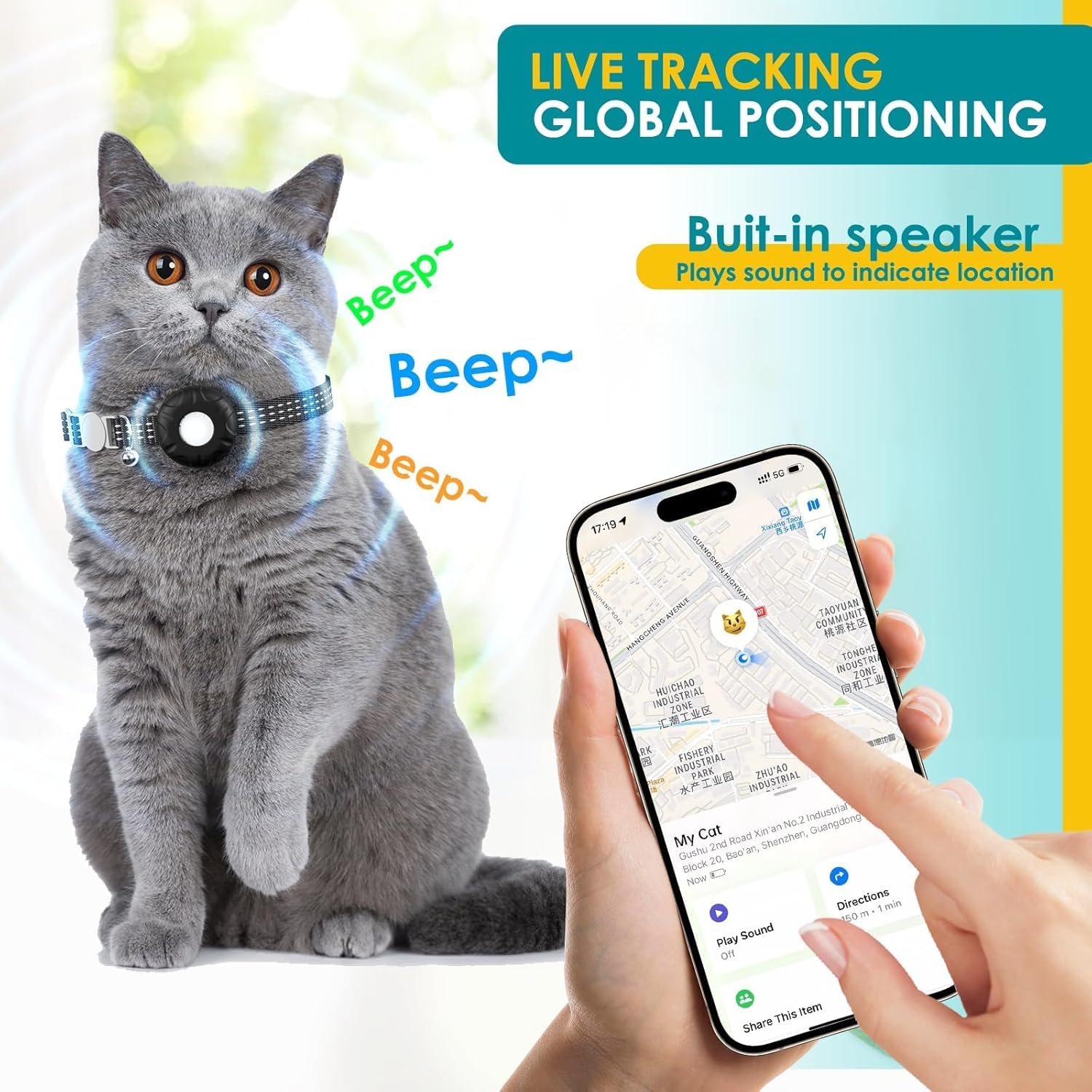 Cat GPS Tracker, Waterproof Pet Tracker for Cats, Cat GPS Tracker Collar with Safety Elastic Buckle, Works with Any Collar,Compatible with Apple Find My App (Only iOS), No Monthly Fee, Black
