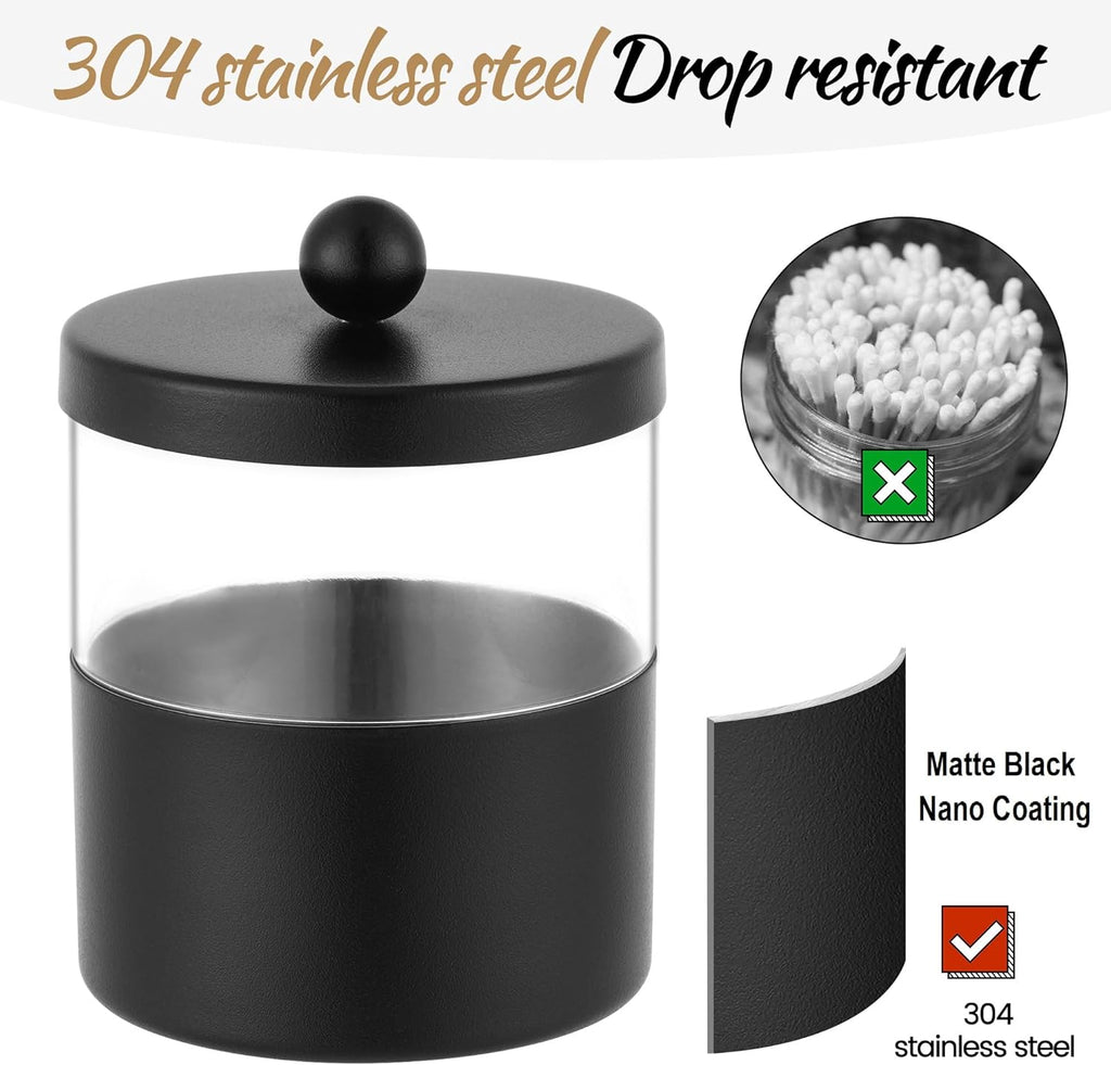Gaussra Black Apothecary Jars, Black Qtip Holder - Stainless Steel Bathroom Jar with Stickers - Farmhouse Decor Qtip Dispenser for Qtips, Cotton Balls, Swabs, Makeup Sponges (2-Pack)