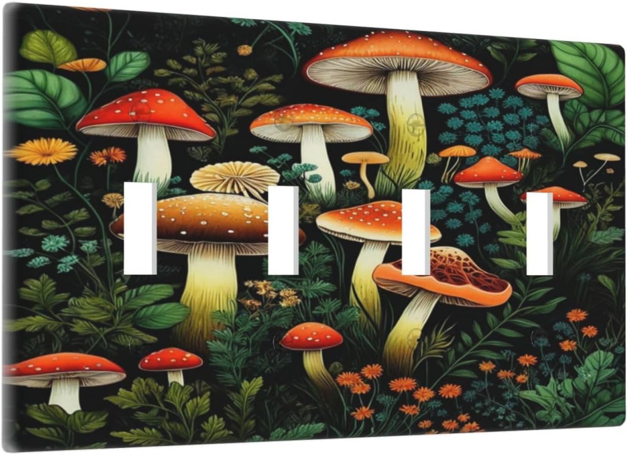 Decorative Light Switch Plate Covers Boho Red Mushroom Green Leaf Plants Floral 4 Gang Wall Plate Switch Cover Plate Quad Toggle Jumbo Electrical Faceplate for Bedroom Home Decor