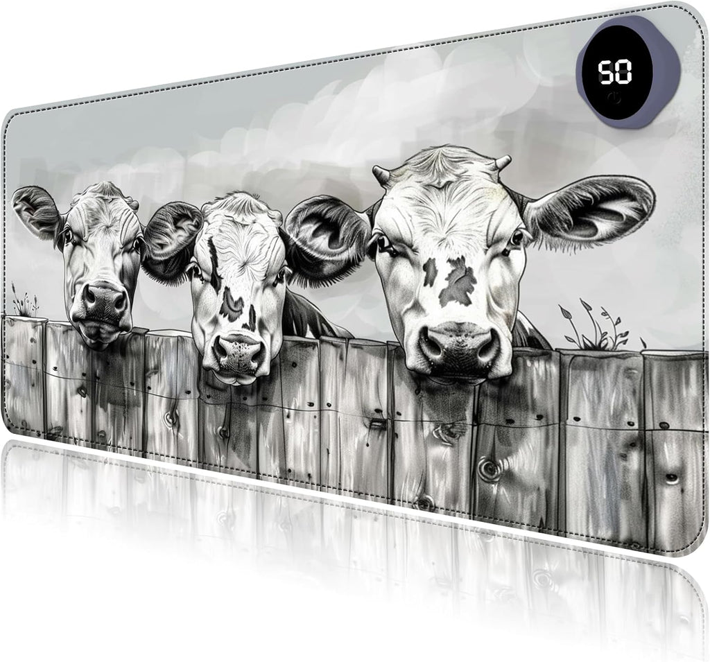 Heated Mouse Pad with 3 Levels Heated & 3 Hours Auto Shut-Off Mouse Pad for Warming Hands in Office Home, 23.6" x 14.2"Large Safe Desk Mat Hand Warmer，Three Lovely Cows