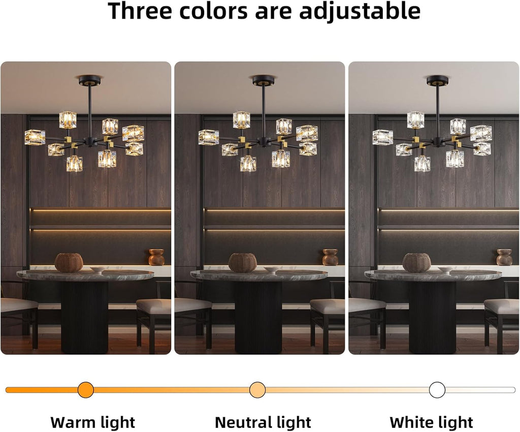 Black Sputnik Chandelier,Crystal Chandeliers with 8-Lights,Modern Semi Flush Mount Ceiling Light Fixture with Adjustable Height,Pendant Light Fixture for dining room,kitchen island,bedroom,living room