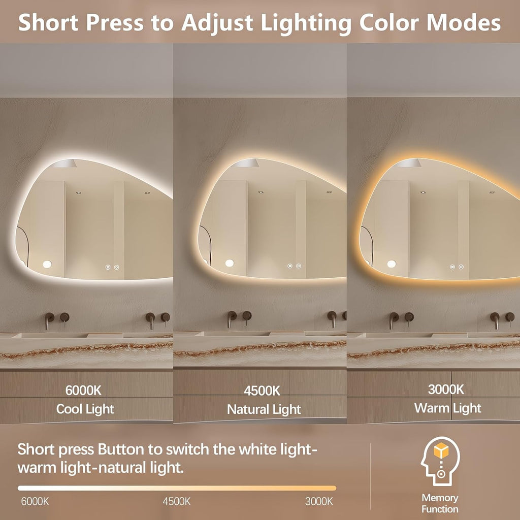 Niccy Irregular LED Bathroom Mirror, 24"x40" Asymmetrical Backlit Vanity Wall Mirrors, Frameless Lighted Mirrors for Bedroom, Living Room, Modern Smart-Mirror with Anti-Fog, Dimmable, Memory Function