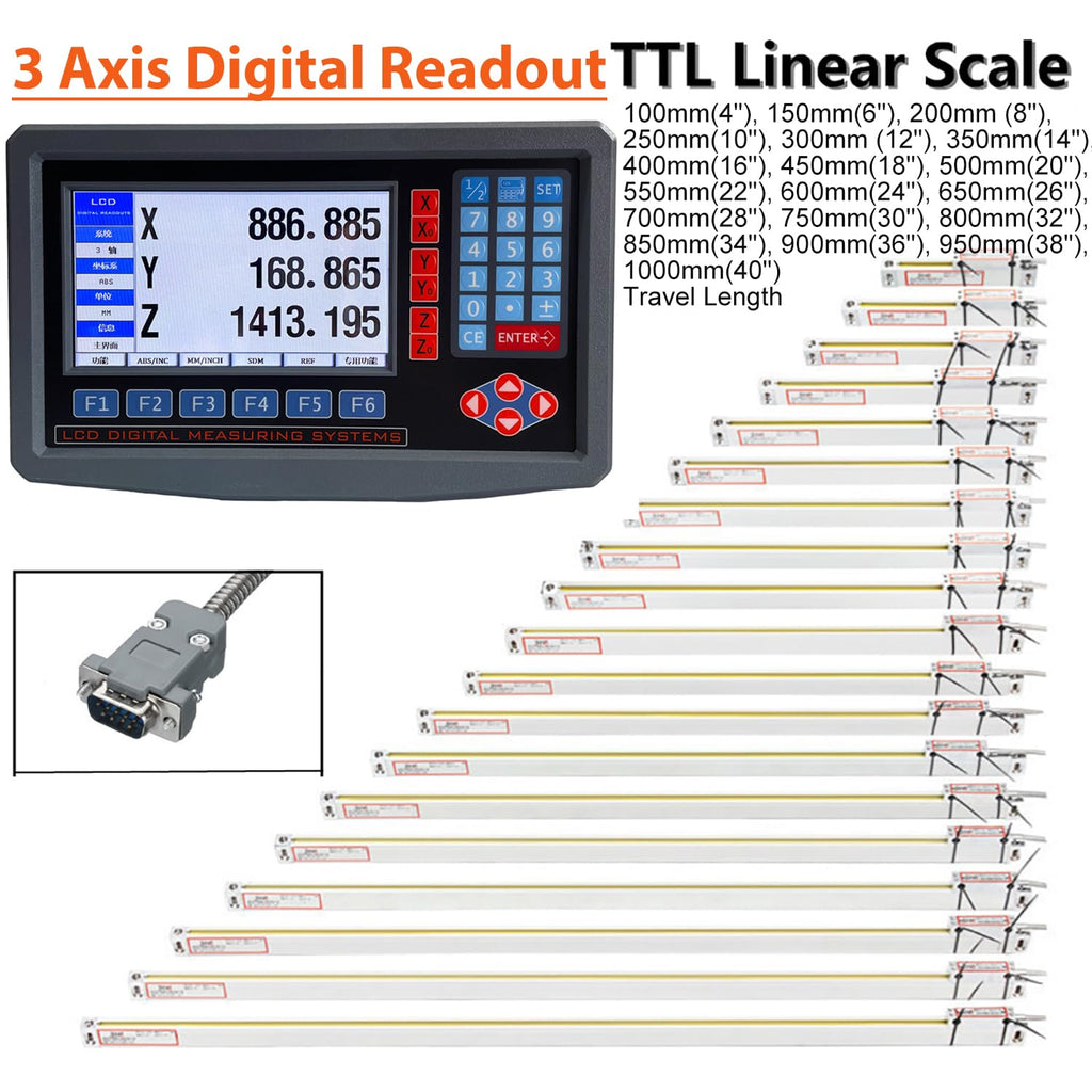 2/3 Axis Digital Readout and TTL Precision Linear Glass Scale DRO Encoder for Milling Lathe. Note:Display&Scales Sold Separately,Pls Select The Size Options! (3 Axis LCD Digital Readout ONLY!)