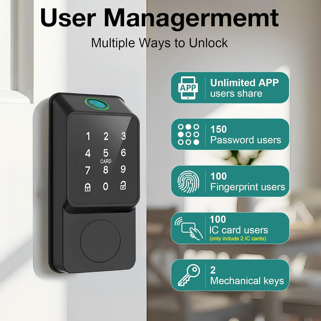 Smart Door Lock Keyless Entry with TTLock APP Fingerprint Touchscreen Keypad IC Card Key Type-C Charging Unlocking 6 in 1 Electric Biometric Digital Deadbolt for Front Doors Home Apartment