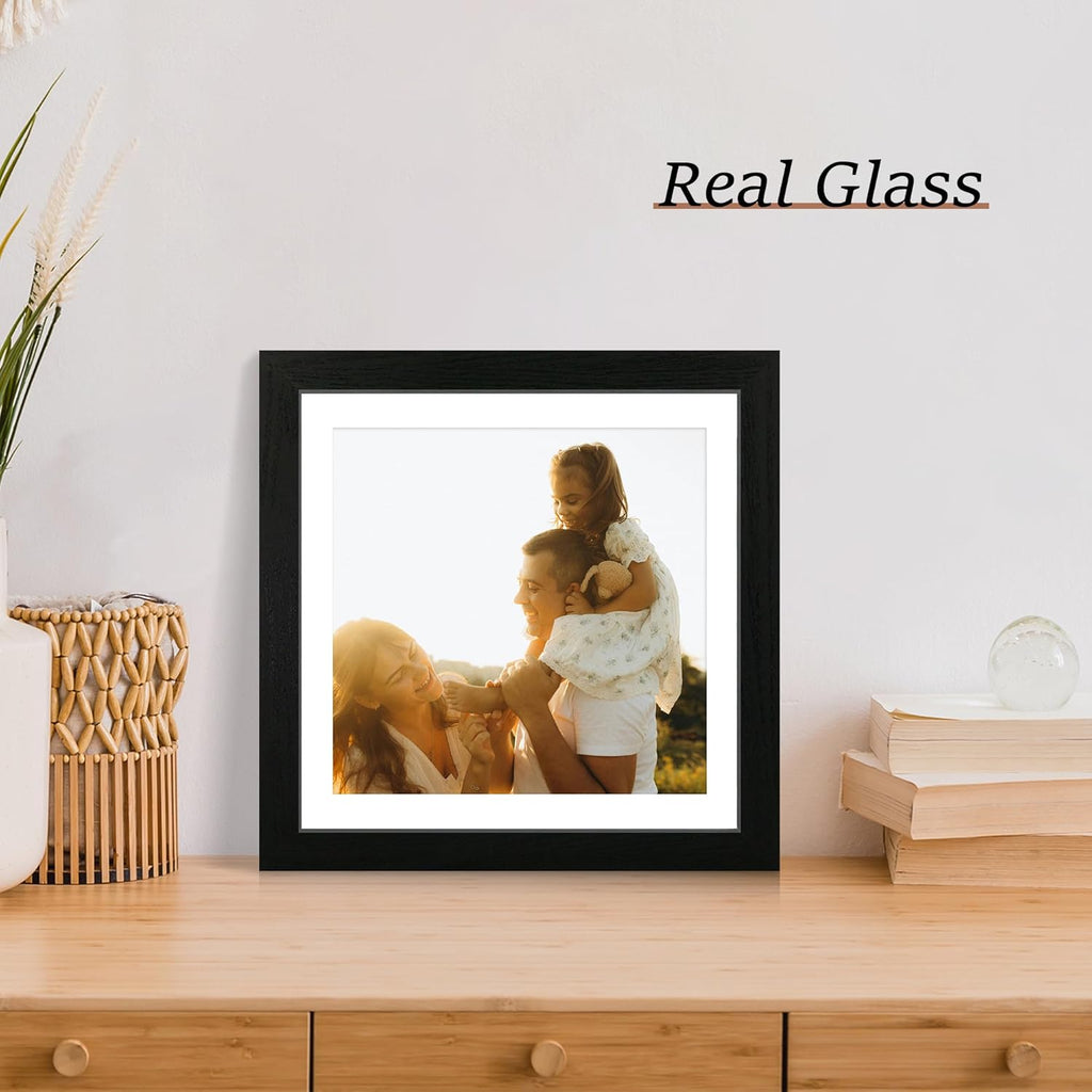 iRahmen 12x12 Picture Frame Set of 4 with Tempered Glass, Black Frame Display 10x10 Picture with Mat or 12 x 12 Without Mat, Wood Square Photo Frames for Desktop Display and Wall Mounting