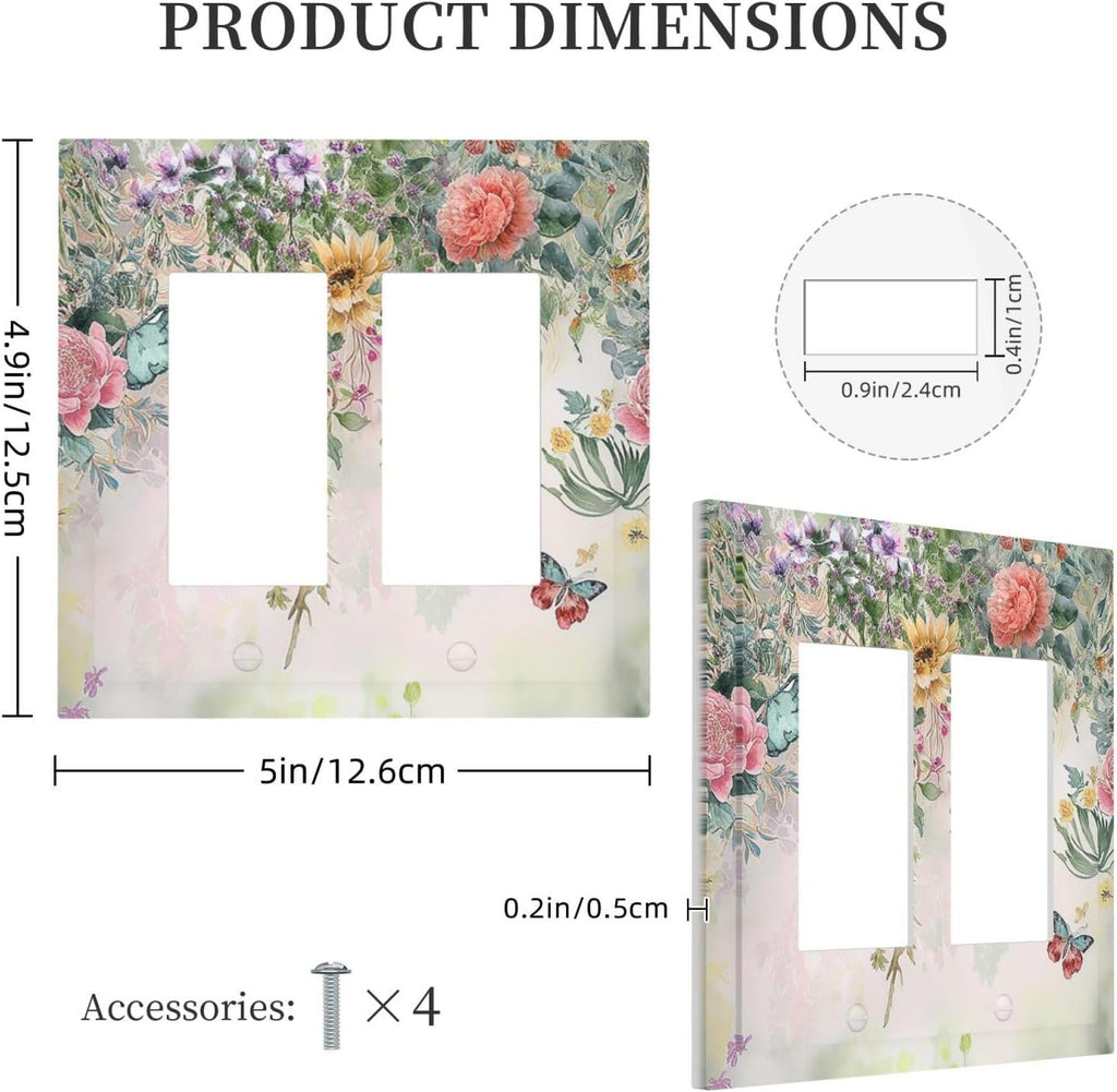 Rustic Floral Watercolor Flower Blossom Butterfly Outlet Covers Light Switch Cover Plate 2 Gang Double Rocker Wall Plates Decorative Switch Plates Plug Cover Electrical GFCI Receptacle 4.9 X 5 IN