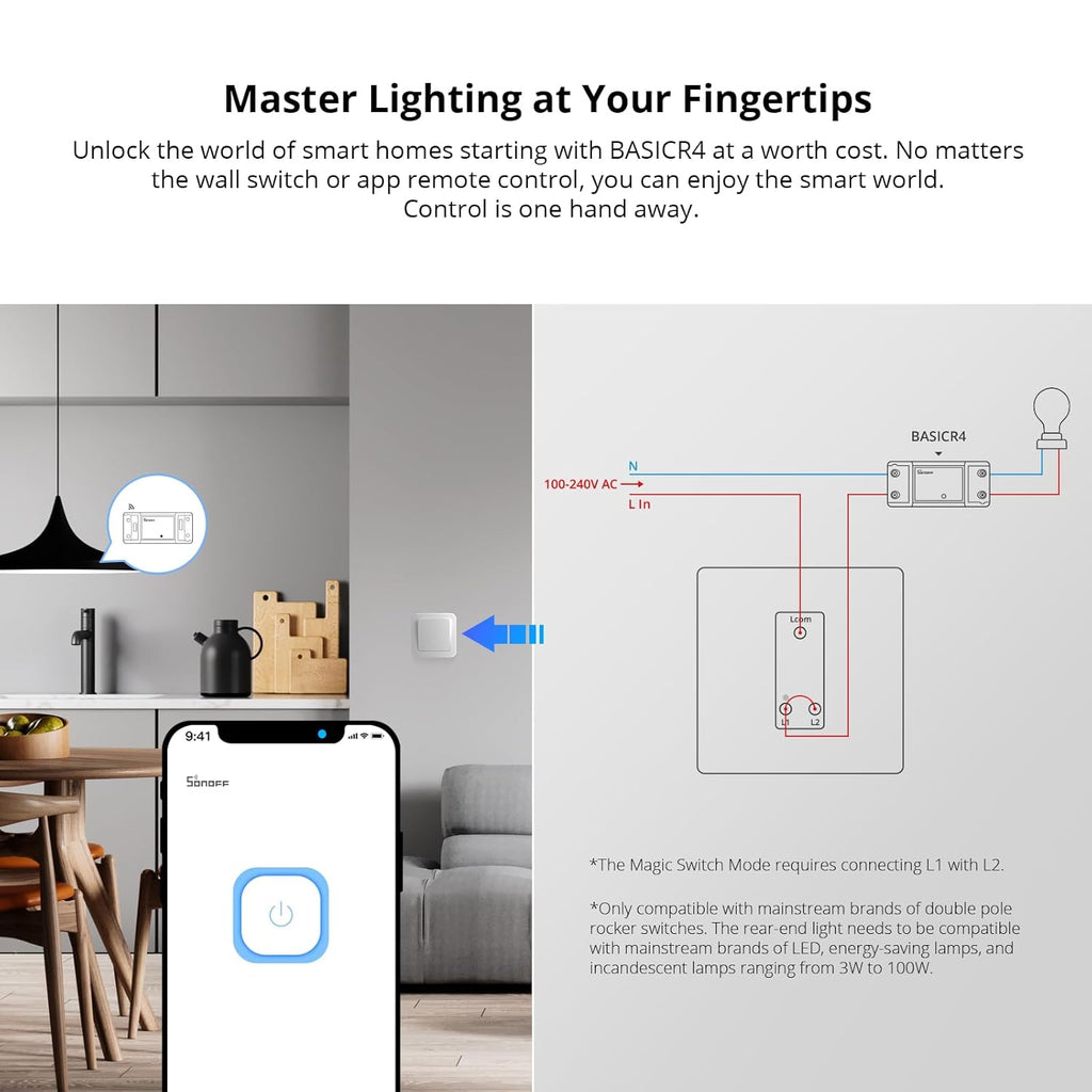 SONOFF BASICR4 Wi-Fi Smart Switch,DIY Module for Smart Home Automation Solution,Compatible with Alexa & Google Home Assistant,4 Pack