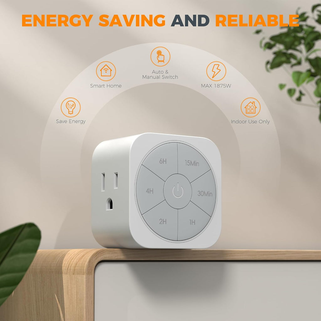 1 Pack Timer Outlet Indoor, Countdown Timers for Electrical Outlets Up to 6H for Lights, Iron, Fan, Electric Bike, Auto Shut Off Switch for Home Kitchen Bedroom, 1875W