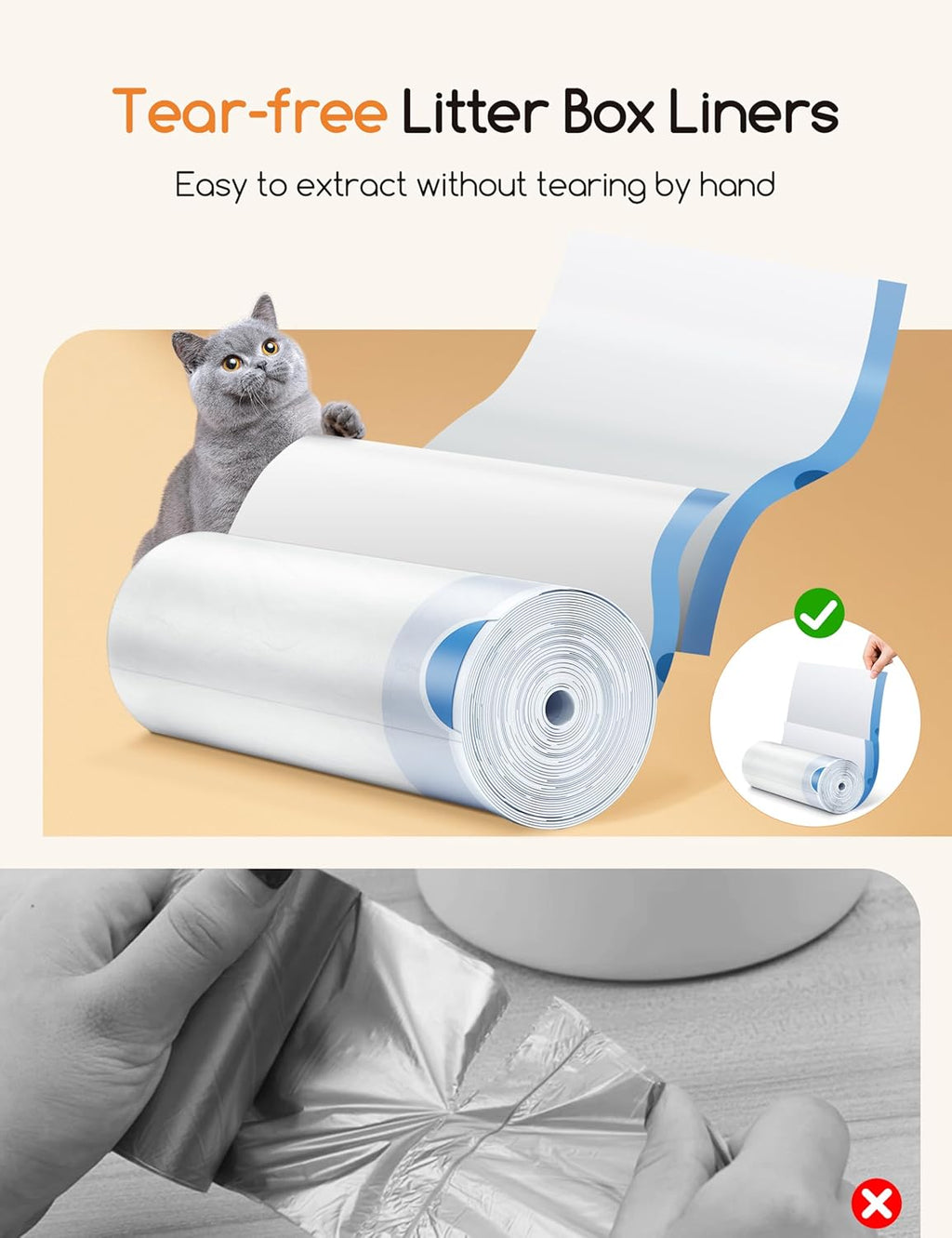 MeoWant Cat Litter Box Liner -120PCS Heavy Duty Drawstring Trash Bags for MeoWant MW-SC01/MW-SC02 Automatic Self-Cleaning Boxes, Extra Thick Leakproof, 6 Rolls (20 Bags/Roll)