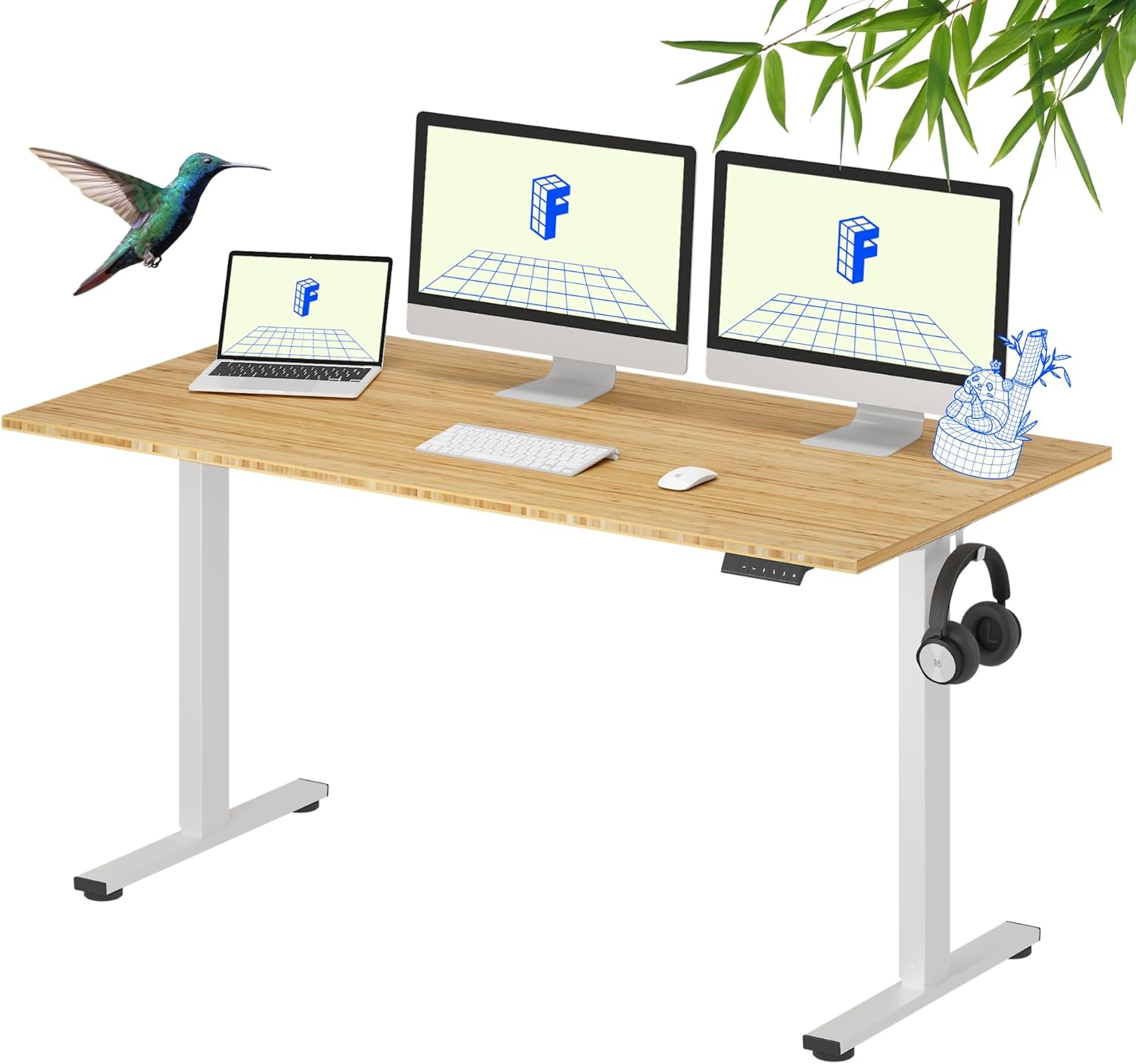 FLEXISPOT EN1 Bamboo Standing Desk, 60 x 30 Inches Whole-Piece Electric Adjustable Height Desk for Home Office (White Frame + Bamboo Top, 2 Packages)