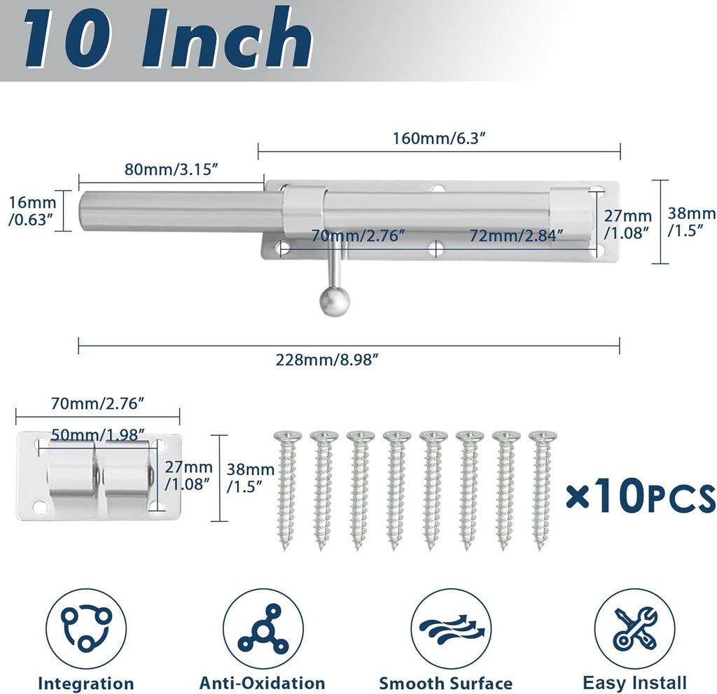 Alise 10 inch Barrel Bolt Latch, Slide Bolt Latch,Heavy Duty Solid SUS304 Stainless Steel Slide Lock for Wooden Fence,Barn Door,Interior or Outdoor Door Brushed Nickel MS9200-LS