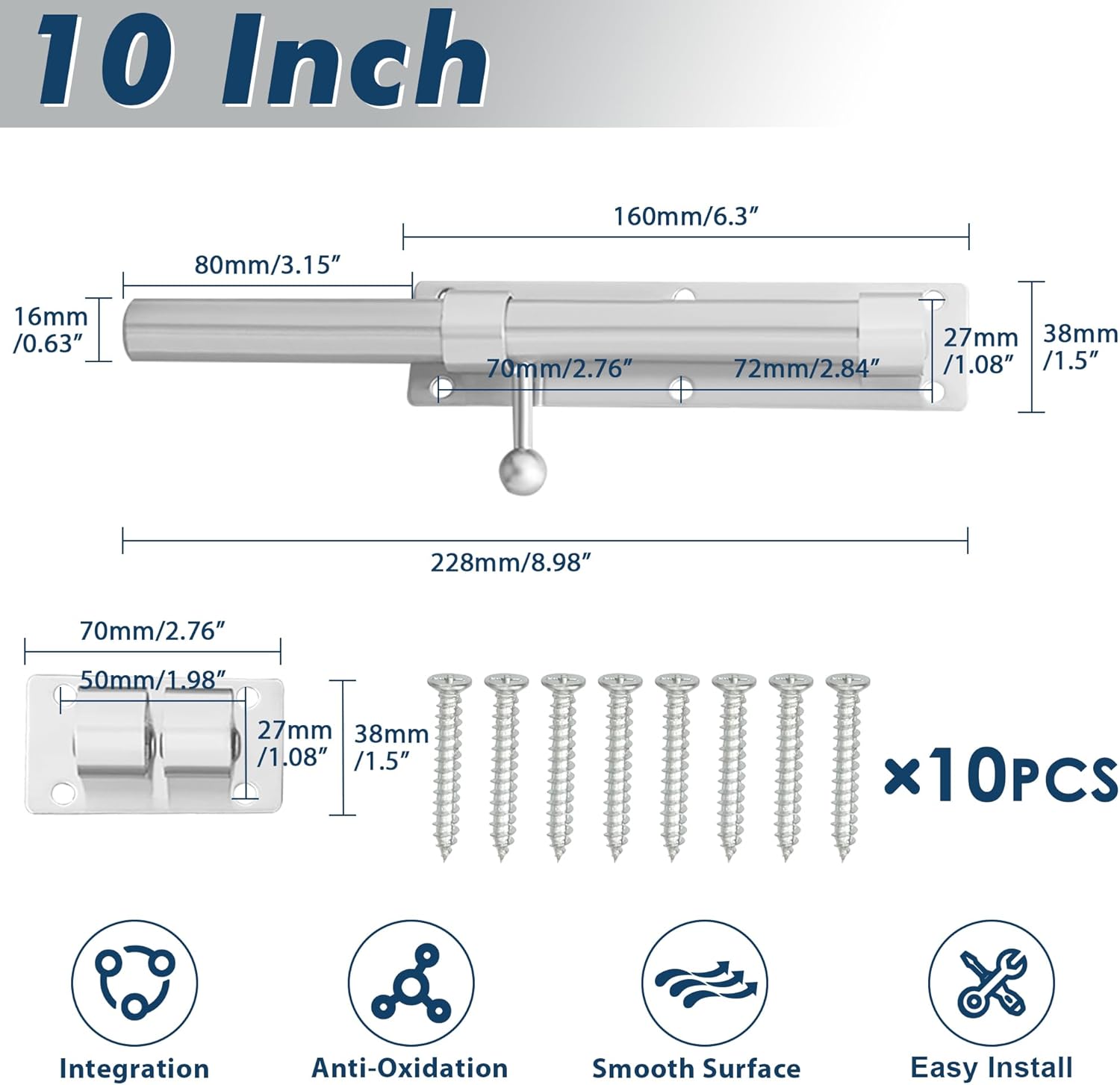 Alise 10 inch Barrel Bolt Latch, Slide Bolt Latch,Heavy Duty Solid SUS304 Stainless Steel Slide Lock for Wooden Fence,Barn Door,Interior or Outdoor Door Brushed Nickel MS9200-LS