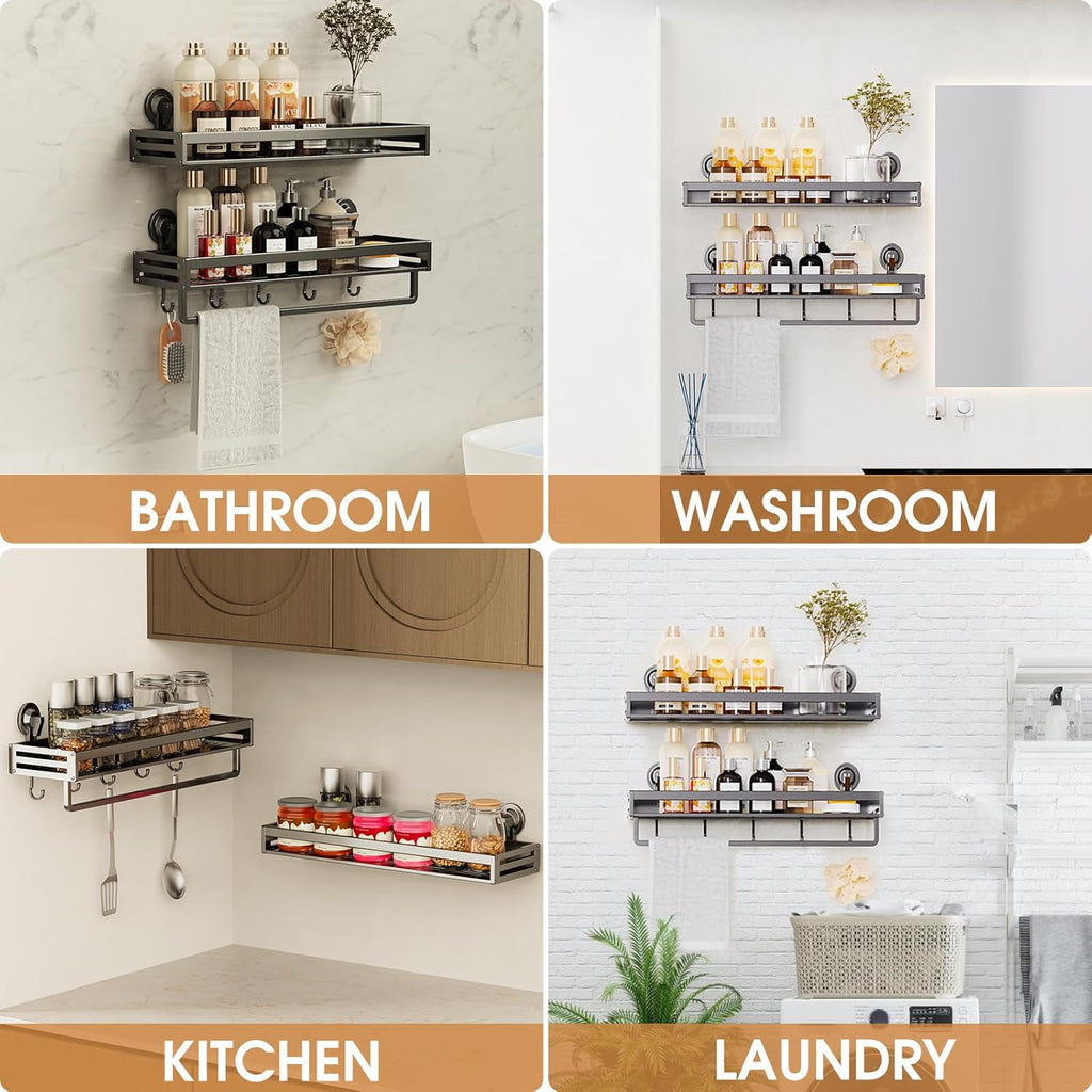 Shower Caddy Suction Cup, 15.8 inch 2 Pack Suction Shower Shelf with Hooks NO-Drilling Bathroom Holder, Rustproof Bathroom Organizer, Includes 2 Extra Suction Cups, Dark Grey
