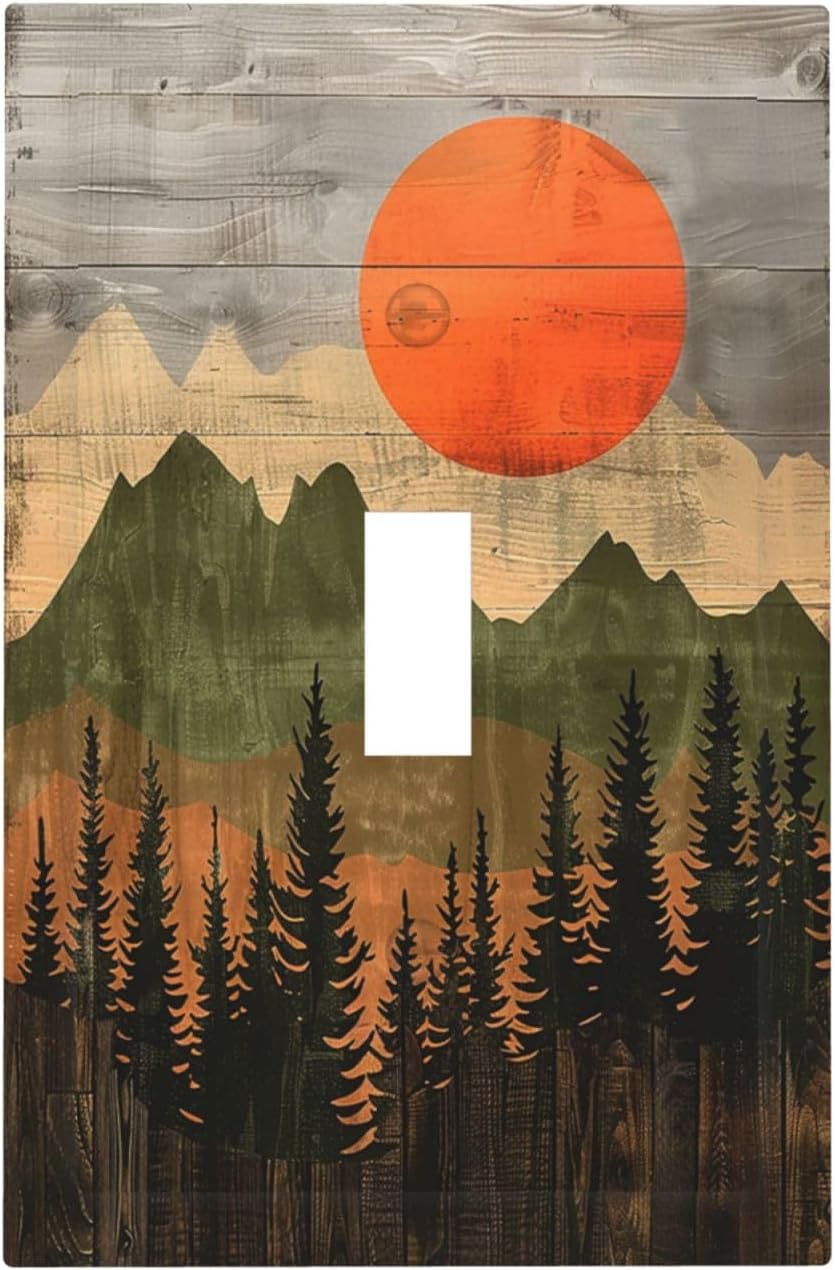 Decorative Light Switch Cover Vintage Wood Grain Sun Forest Mountains 1 Gang Single Toggle Device Electrical Faceplate Switchplates Decorator Outlet Wall Plate for Farmhouse Cabin Decor