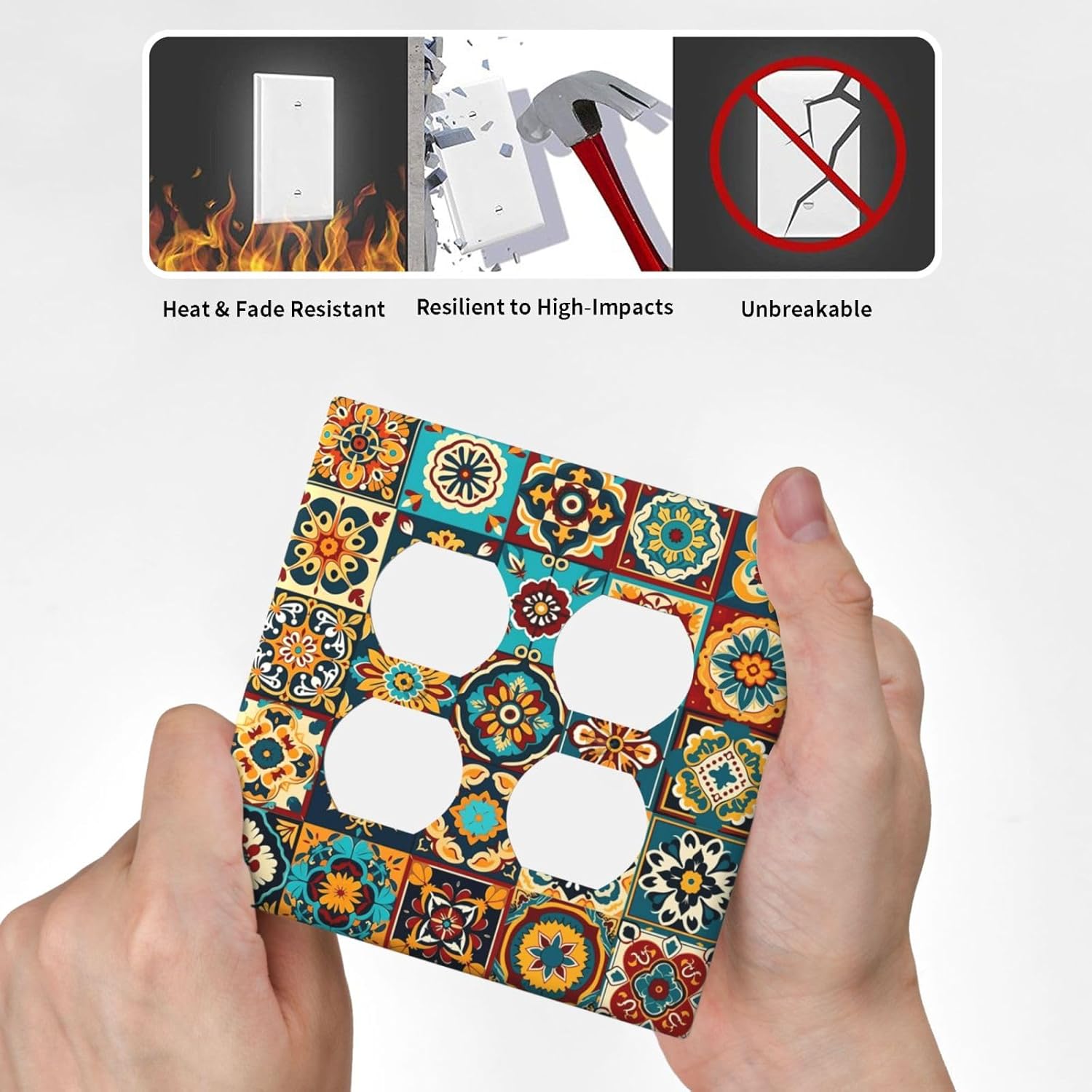 Mexican Talavera Ceramic Tile Moroccan Boho Outlet Covers 2 Gang Double Duplex Decorative Light Switch Covers Electrical Wallplates Socket Faceplate for Bathroom Kitchen Decor