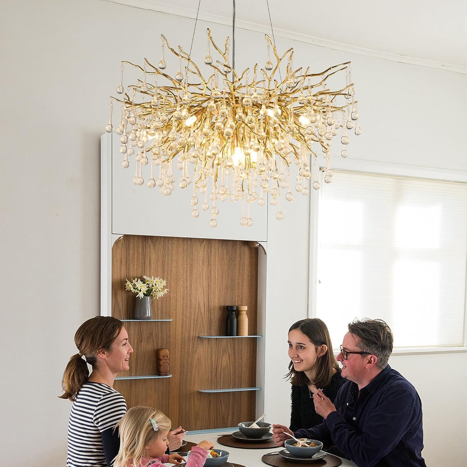 Crystal Chandelier for Dining Room 10-Light Raindrop Chandelier Contemporary Champagn Gold Pendant Light Fixture for Kitchen Island Bar