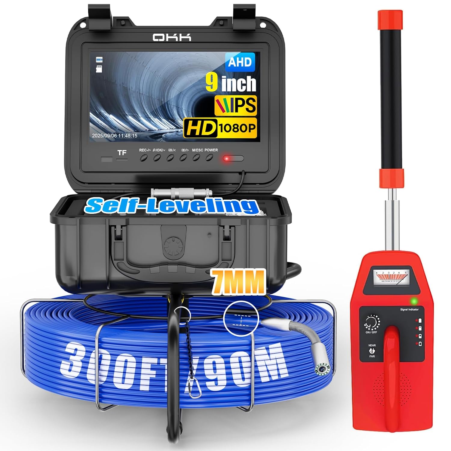 Okk Sewer Camera with Locator, Drain Camera 300ft, Pipe Inspection with 512Hz Sonde, Self-Leveling, Industrial Endoscope with DVR, 9" LCD, Meter Counter, 7mm Cable, IP68 Waterproof, 12 LEDs, 32GB Card
