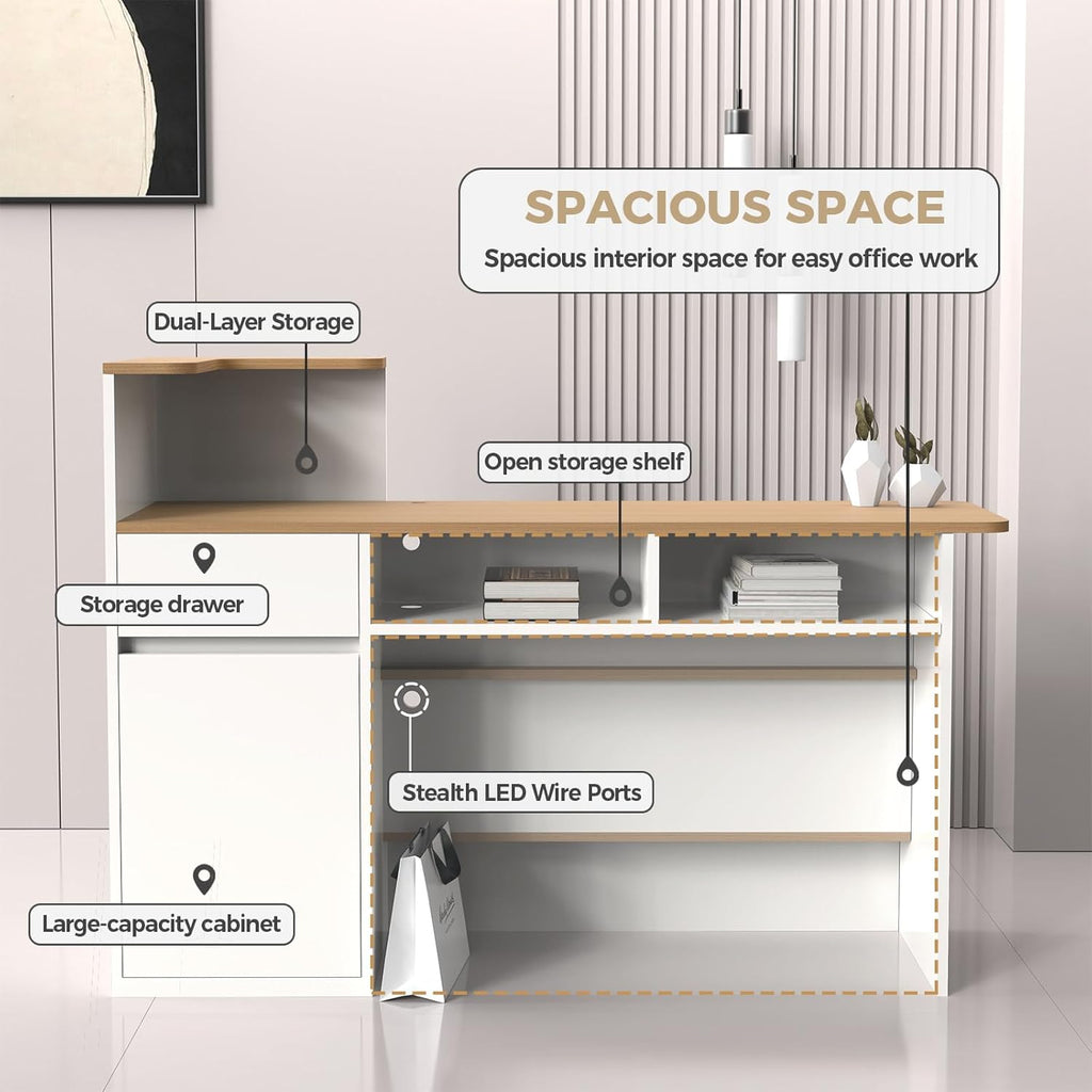 Modern Reception Desk with LED Lights - 59" Front Desk Reception Counter with Dual Display Shelves & Hidden Cable Management, Lockable Drawer & Storage Cabinet for Office, Salon, Spa, Retail, Left