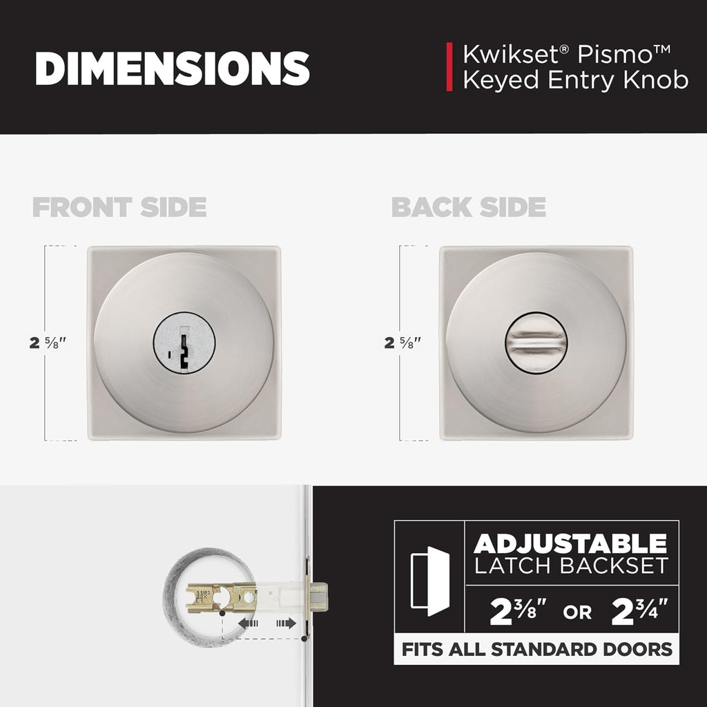 Kwikset Pismo Entry Door Knob with Lock and Key, Secure Keyed Handle Exterior, Front Entrance and Bedroom, Satin Nickel, 4 Pack, Pick Resistant SmartKey Rekey Security and Microban