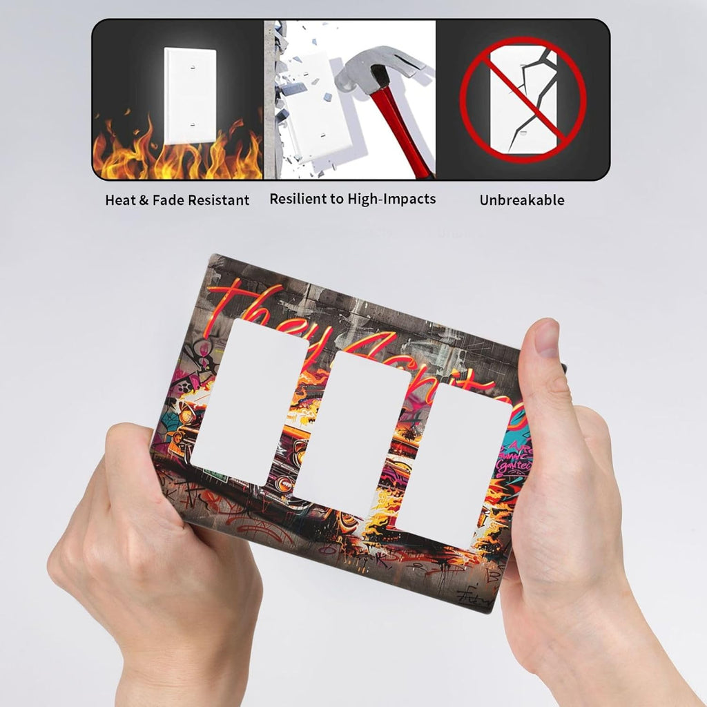Light Switch Covers Hip Hop Street Graffiti Flame Car 3 Gang Rocker Electrical GFCI Decorative Triple Outlet Wall Plate Cover Switchplate for Bedroom living Room Decor