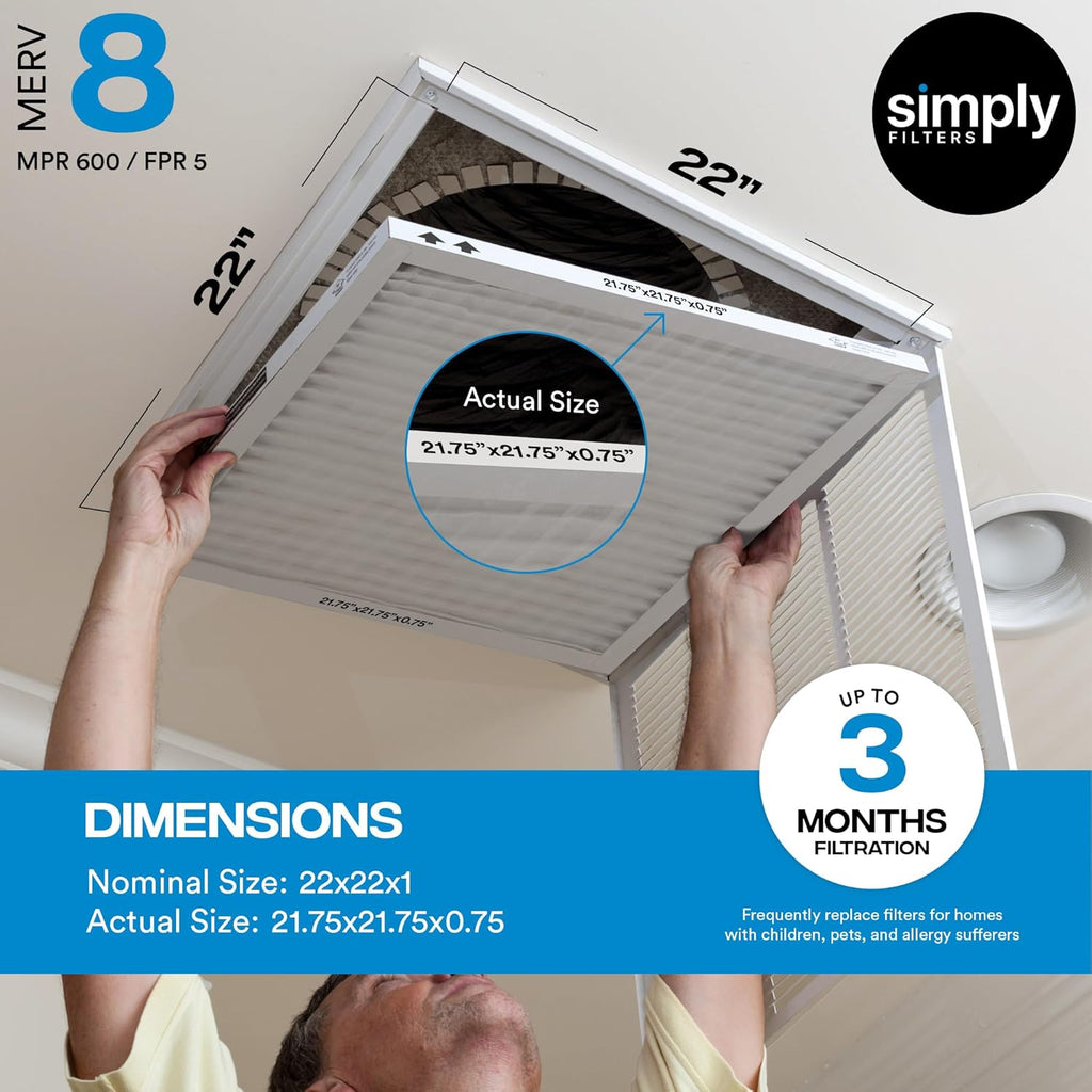 Simply 22x22x1 Air Filter, Merv 8, 6 Pack, Furnace Air Filter for HVAC (Actual Size: 21.75"x21.75"x0.75") DUST, Pet, & Allergy Control