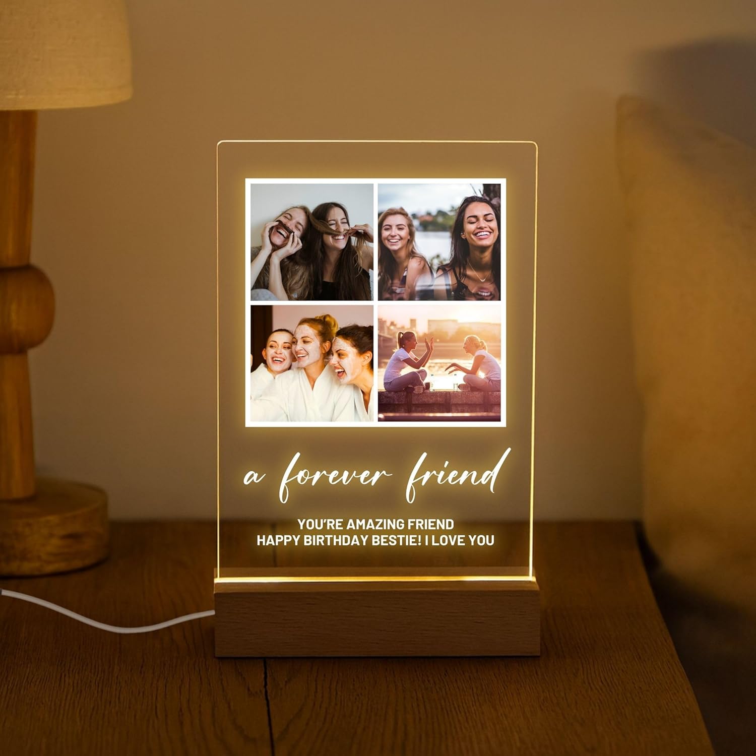 Personalized Photo Plaque Print with Wooden, Acrylic, Led Light Stand - Gift for Bestfriend for Her Gift for Him Photo Collage Bestie Gifts Custom Couples Gift Gifts for Wife, Christmas Gifts for Her, Thanksgiving Gifts