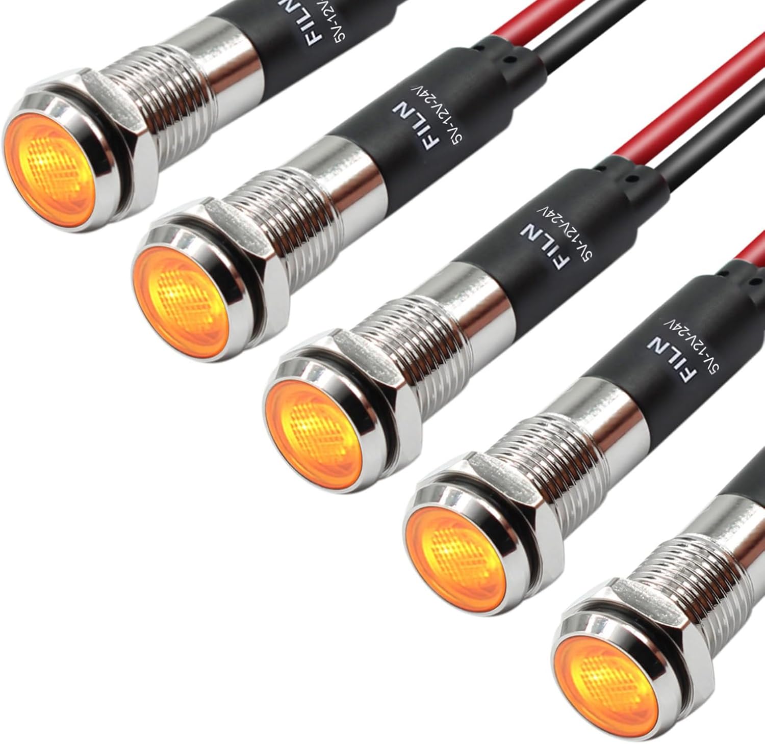 5Pcs 8MM (5/16'') Indicator Light led Indicator 12v 24v Metal Pilot Lamp Lights Aluminum Black Anodized Waterproof ip67 Red Signal Lamp Light(12V-Brass Nickel Plated-Yellow 5Pcs)