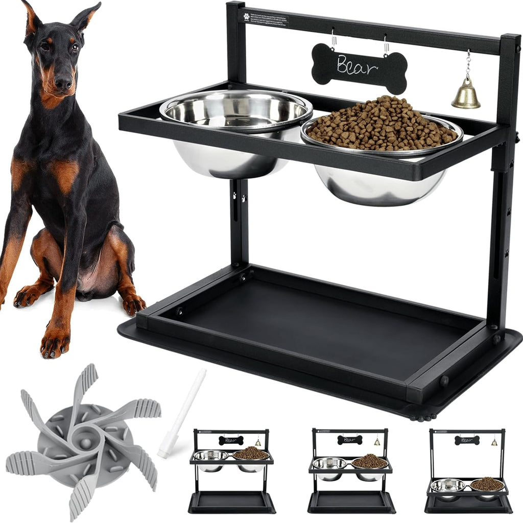 SHAINFUN Elevated Dog Bowls - Slow Feeder, Raised Stand with Two 1700ML Stainless Steel Bowls, Spill Proof Mat for Large & Medium Dogs