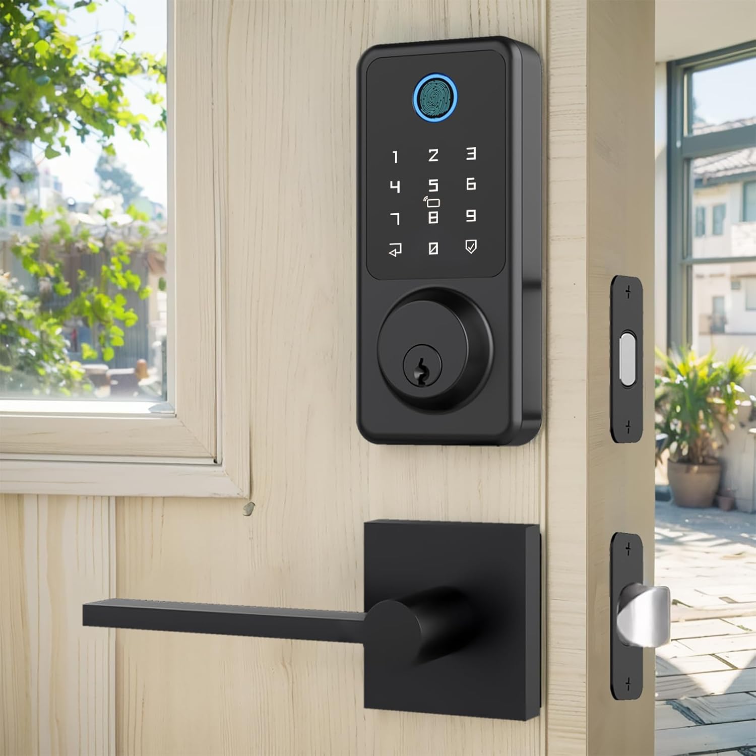 Smart Door Lock Set, Fingerprint Door Lock with Lever Handle, Black Keyless Entry Lock with App, Keypad Deadbolt for Home