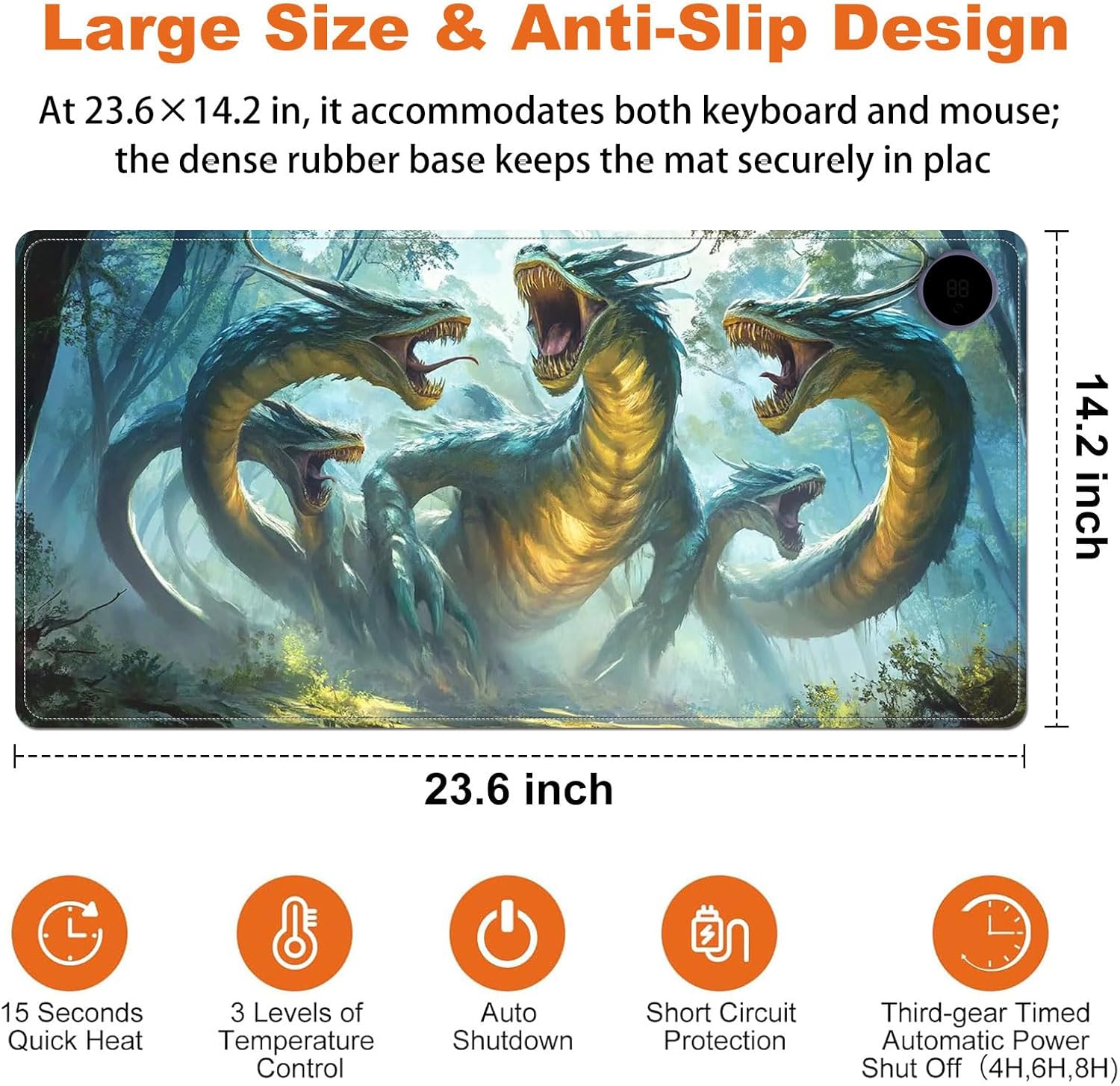 Small Heated Desk Pad 23.6" x 14.2" – Compact Electric Mouse Pad with 3 Heating Levels, Auto Shut-Off, Waterproof PU Surface, Plug-in Warmer for Office or Home Use, Serpent Beast